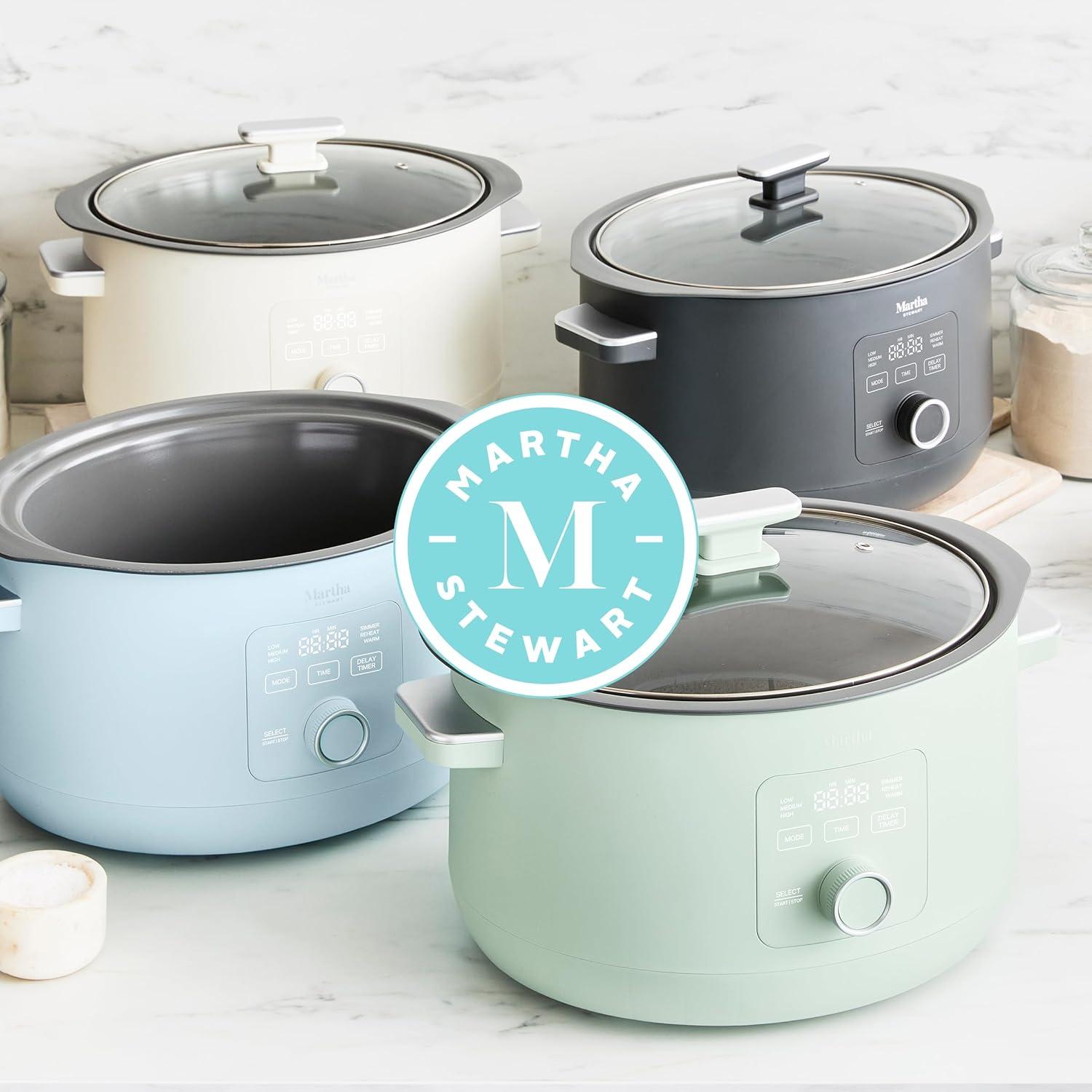 imageMartha Stewart 8 QT Slow Cooker Programmable with Timer 3 Heat Settings Low High Warm Nonstick Ceramic Removable Crock Stovetop amp Oven Safe Glass Lid Simmer Reheat Warm LinenSky Blue