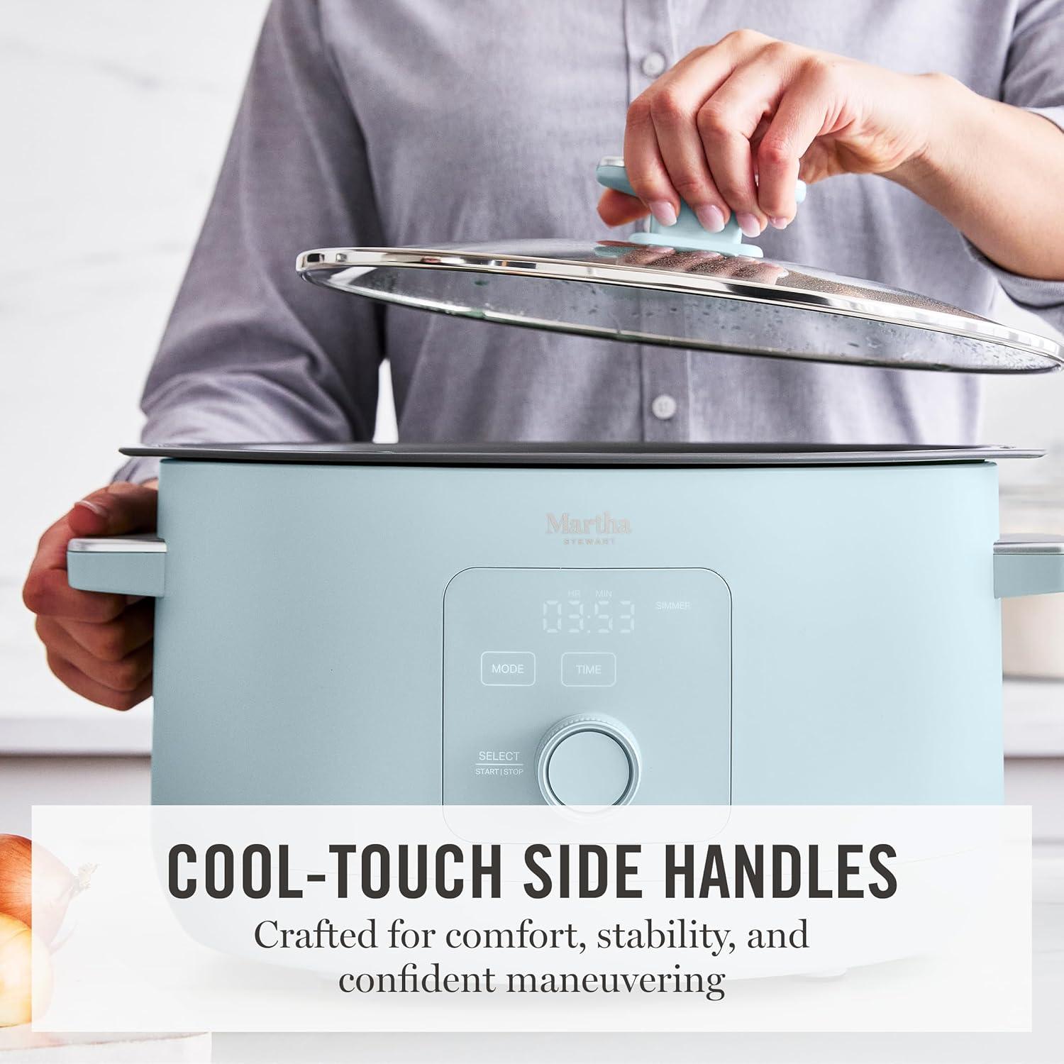 imageMartha Stewart 8 QT Slow Cooker Programmable with Timer 3 Heat Settings Low High Warm Nonstick Ceramic Removable Crock Stovetop amp Oven Safe Glass Lid Simmer Reheat Warm LinenSky Blue