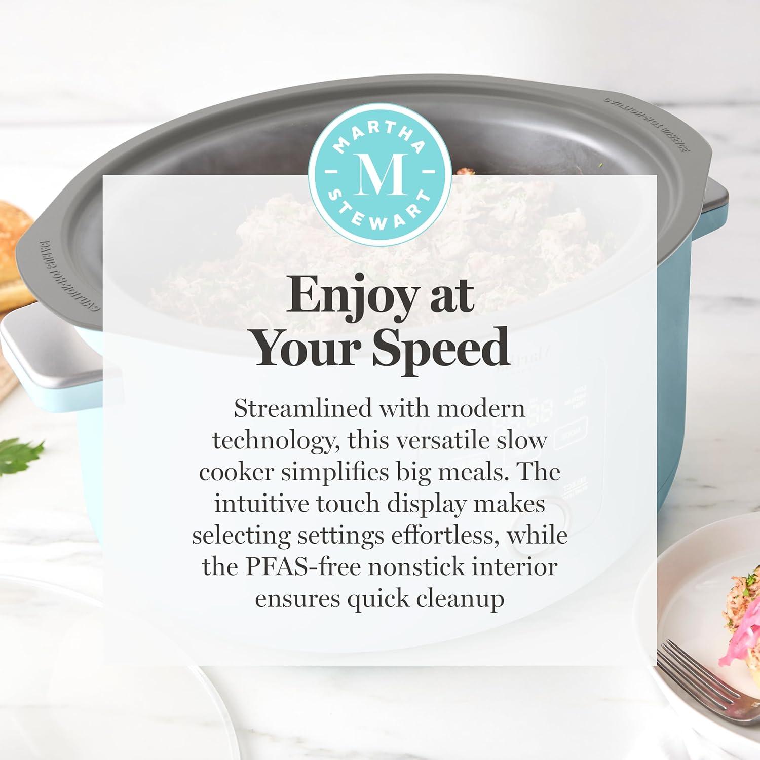 imageMartha Stewart 8 QT Slow Cooker Programmable with Timer 3 Heat Settings Low High Warm Nonstick Ceramic Removable Crock Stovetop amp Oven Safe Glass Lid Simmer Reheat Warm LinenSky Blue