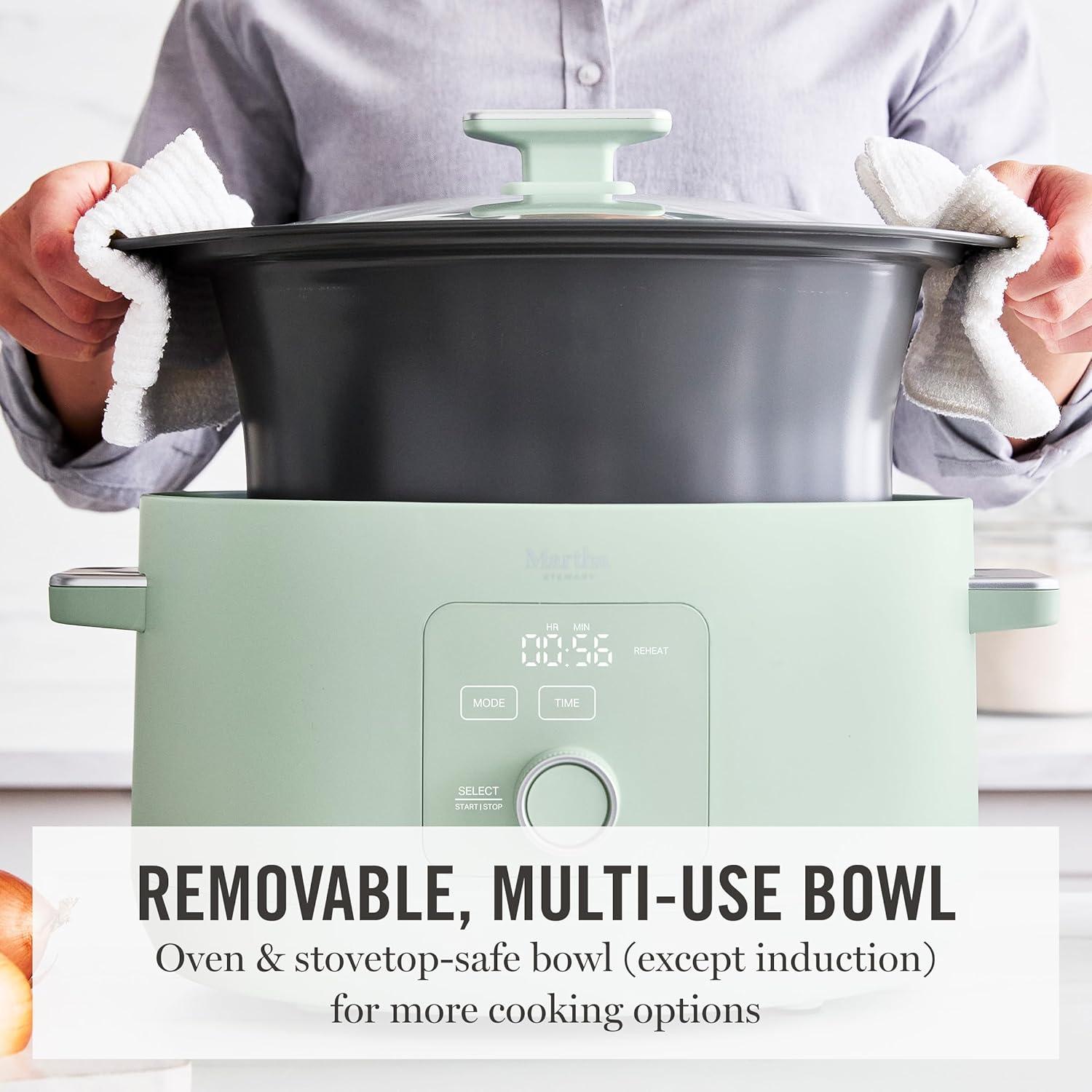 imageMartha Stewart 8 QT Slow Cooker Programmable with Timer 3 Heat Settings Low High Warm Nonstick Ceramic Removable Crock Stovetop amp Oven Safe Glass Lid Simmer Reheat Warm LinenHoneydew Green