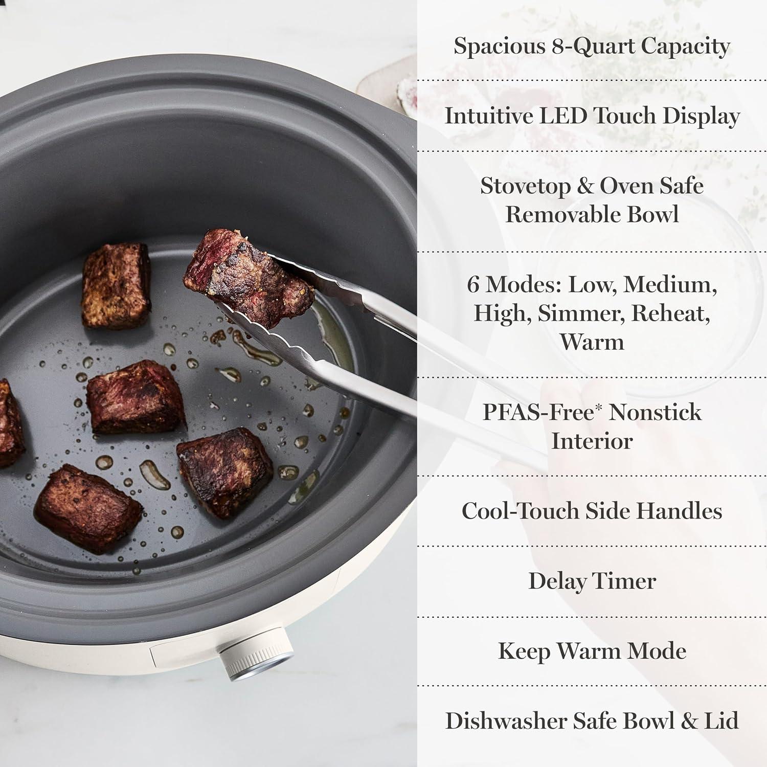 imageMartha Stewart 8 QT Slow Cooker Programmable with Timer 3 Heat Settings Low High Warm Nonstick Ceramic Removable Crock Stovetop amp Oven Safe Glass Lid Simmer Reheat Warm LinenLinen White