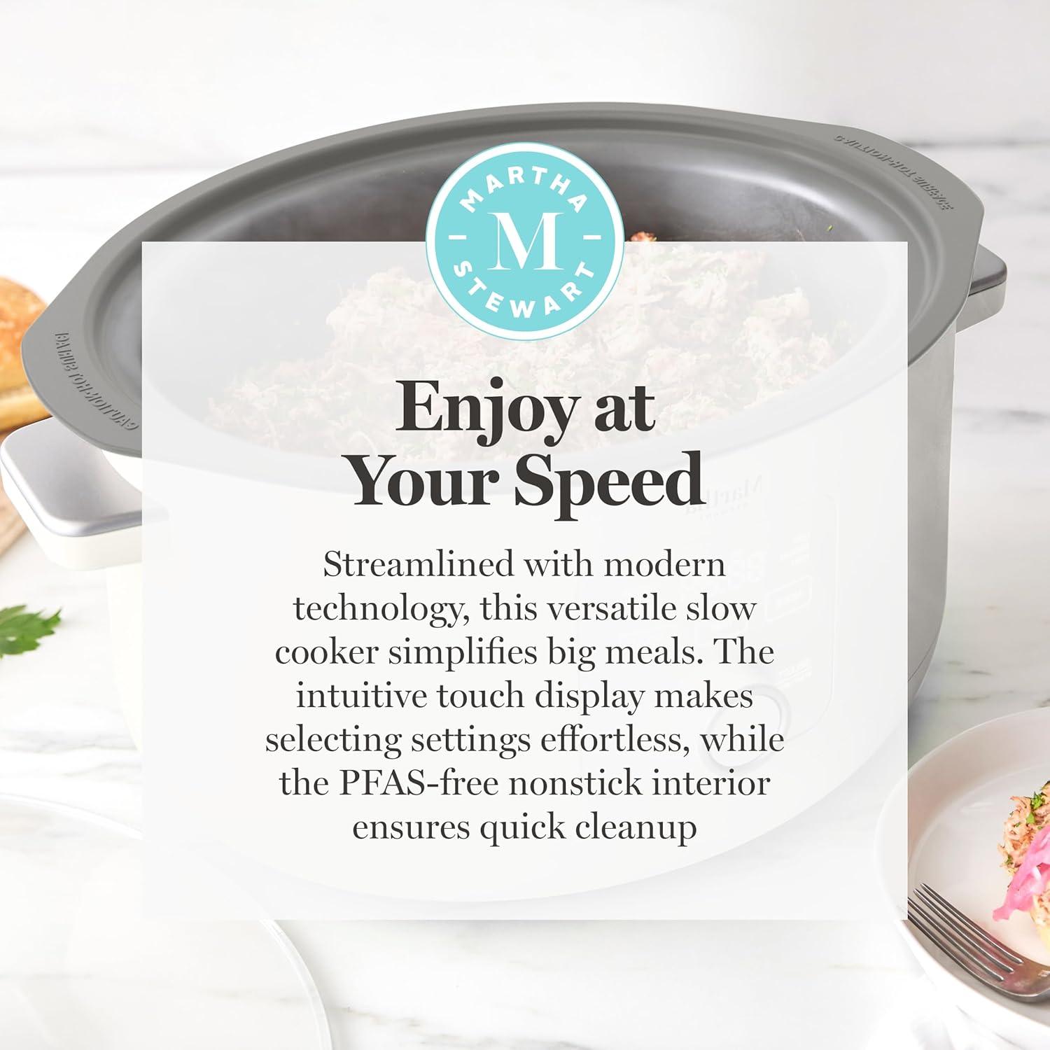imageMartha Stewart 8 QT Slow Cooker Programmable with Timer 3 Heat Settings Low High Warm Nonstick Ceramic Removable Crock Stovetop amp Oven Safe Glass Lid Simmer Reheat Warm LinenLinen White