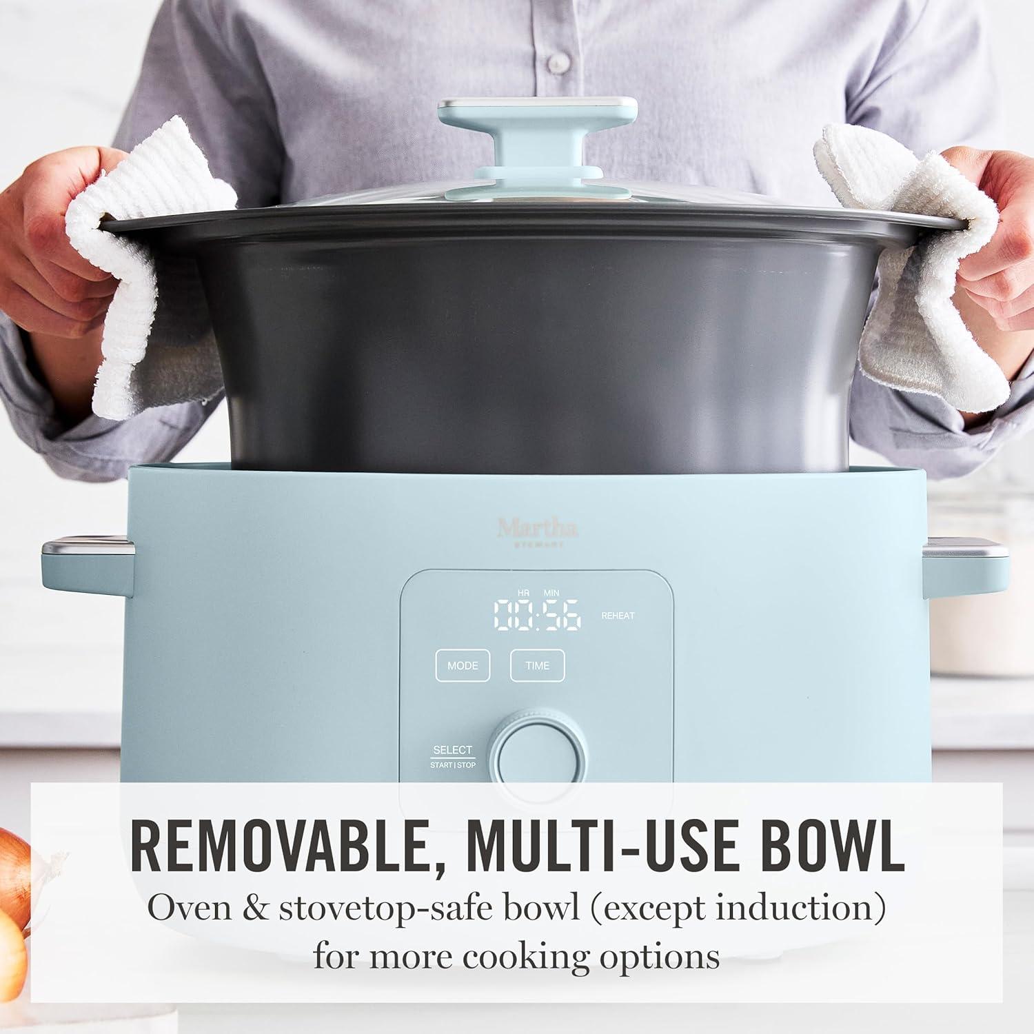 imageMartha Stewart 8 QT Slow Cooker Programmable with Timer 3 Heat Settings Low High Warm Nonstick Ceramic Removable Crock Stovetop amp Oven Safe Glass Lid Simmer Reheat Warm LinenSky Blue