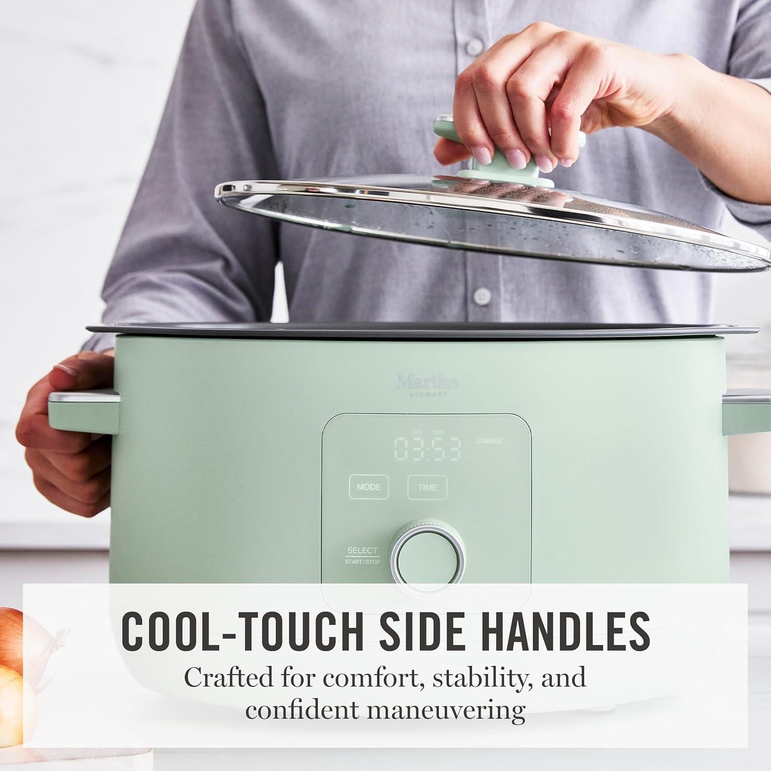 imageMartha Stewart 8 QT Slow Cooker Programmable with Timer 3 Heat Settings Low High Warm Nonstick Ceramic Removable Crock Stovetop amp Oven Safe Glass Lid Simmer Reheat Warm LinenHoneydew Green
