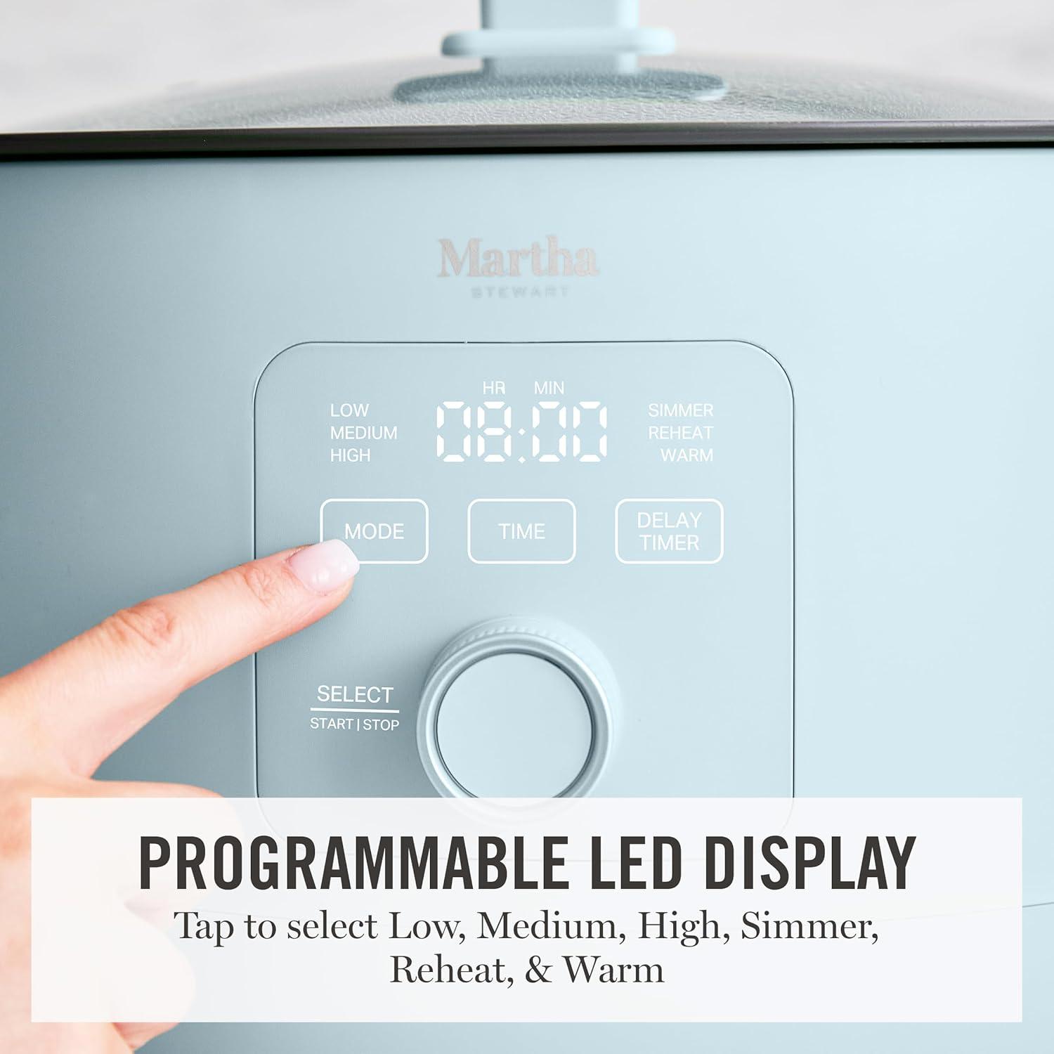 imageMartha Stewart 8 QT Slow Cooker Programmable with Timer 3 Heat Settings Low High Warm Nonstick Ceramic Removable Crock Stovetop amp Oven Safe Glass Lid Simmer Reheat Warm LinenSky Blue