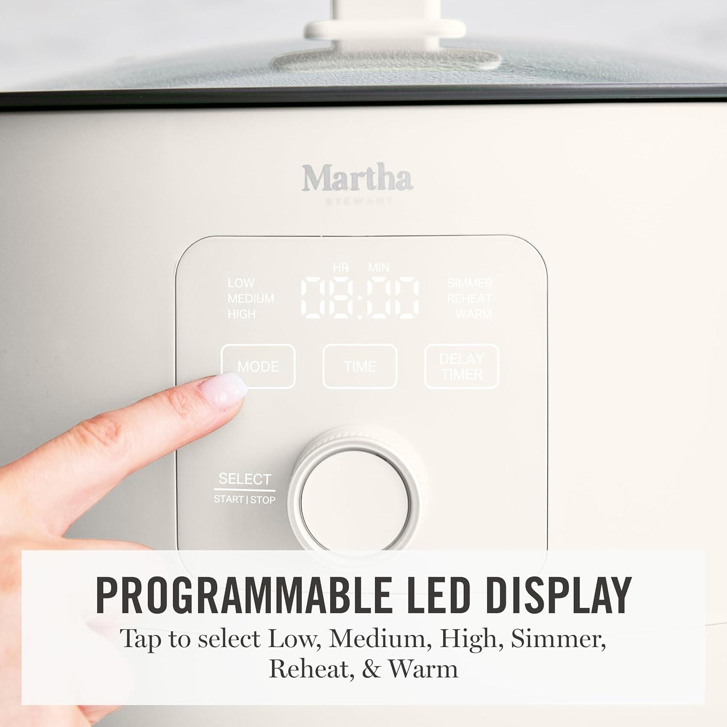 imageMartha Stewart 8 QT Slow Cooker Programmable with Timer 3 Heat Settings Low High Warm Nonstick Ceramic Removable Crock Stovetop amp Oven Safe Glass Lid Simmer Reheat Warm LinenLinen White