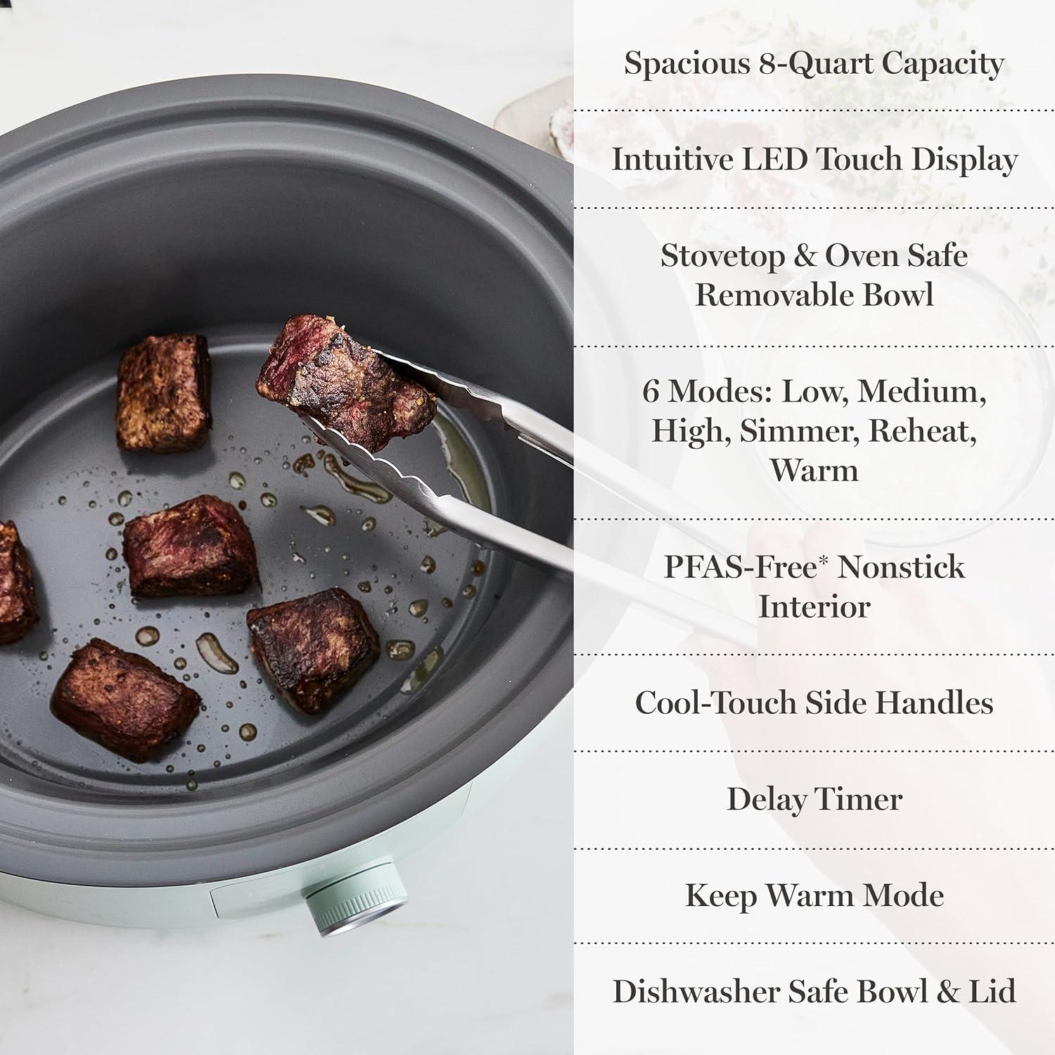 imageMartha Stewart 8 QT Slow Cooker Programmable with Timer 3 Heat Settings Low High Warm Nonstick Ceramic Removable Crock Stovetop amp Oven Safe Glass Lid Simmer Reheat Warm LinenHoneydew Green