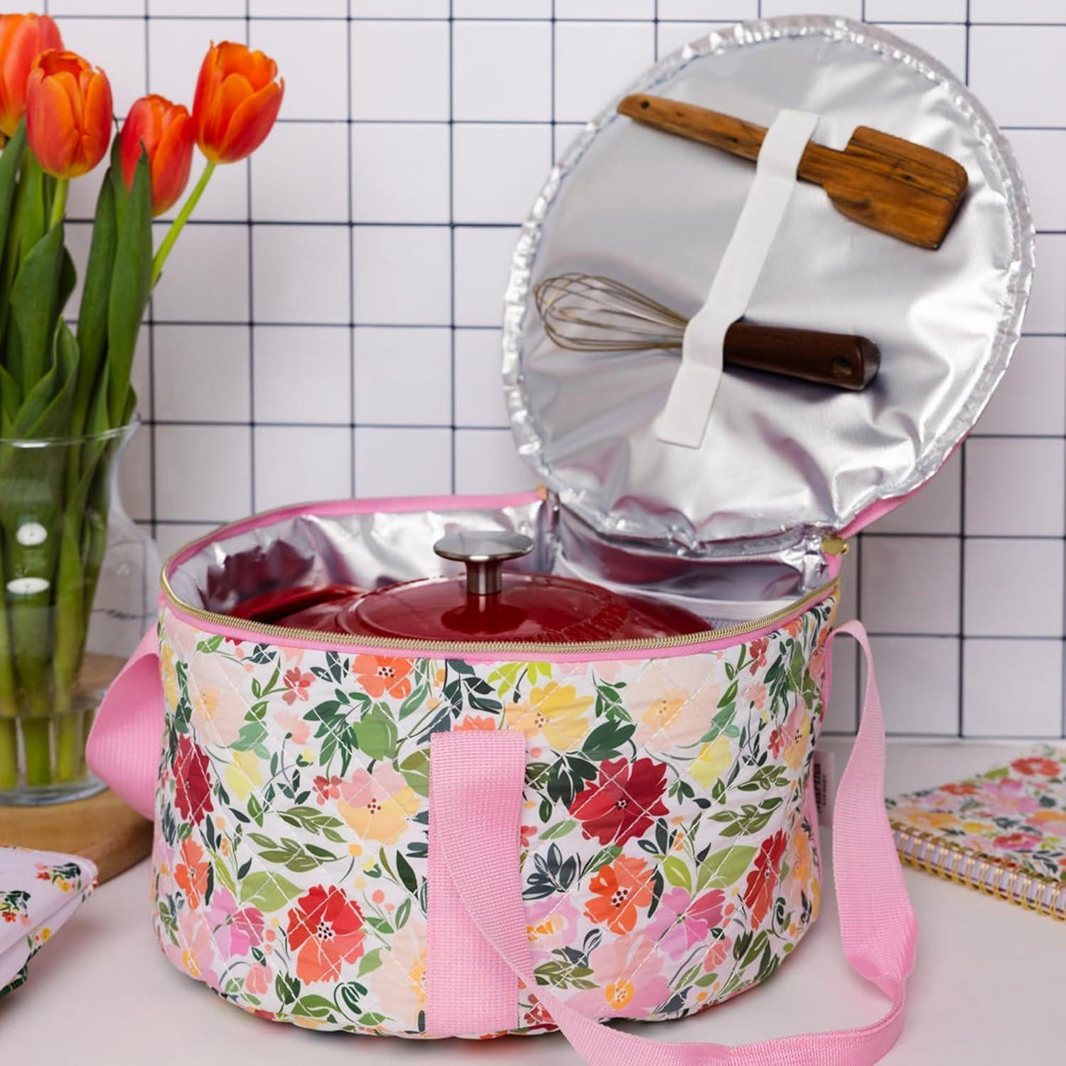imageMartha Stewart Dutch Oven Carrier Insulated Casserole Tote with Padded Handle Zipper Closure Fits Most 67 Qt Dutch Ovens amp Bakeware for Potlucks and Hosting Floral