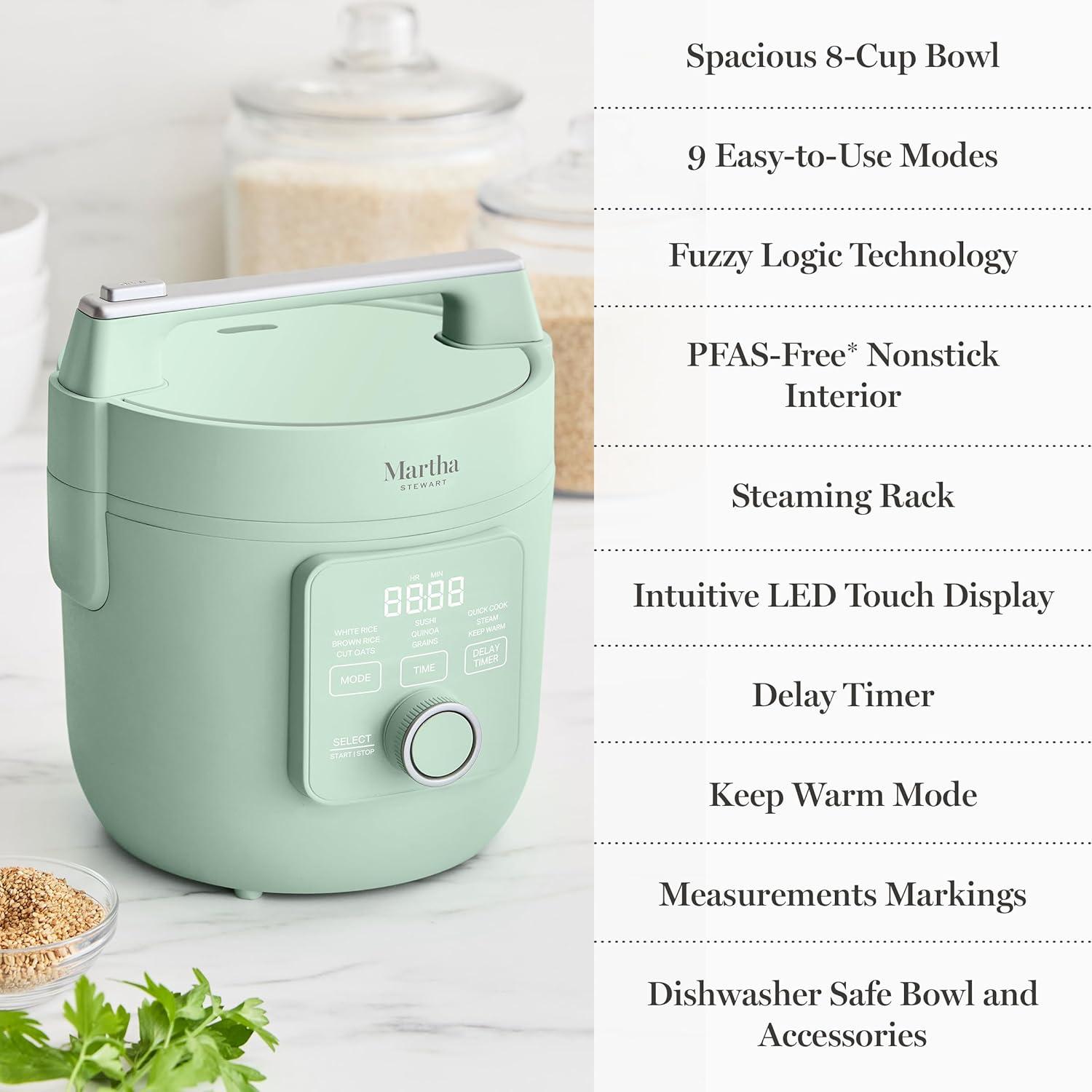 imageMartha Stewart Rice Cooker 4 Cup Uncooked 8 Cup Cooked Ceramic NonStick Removable Pot Keep Warm Measure Markings Steam Basket Brown amp Sushi Rice Quick Cook Quinoa Grains Oats Linen WhiteHoneydew Green