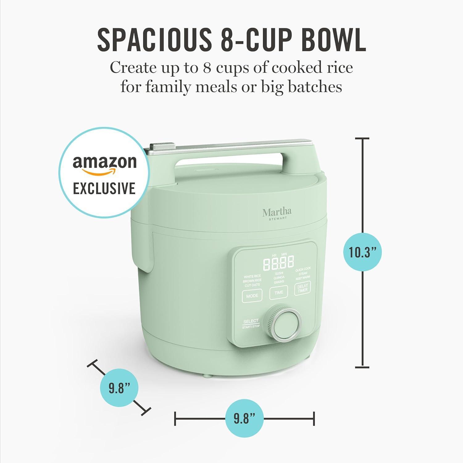 imageMartha Stewart Rice Cooker 4 Cup Uncooked 8 Cup Cooked Ceramic NonStick Removable Pot Keep Warm Measure Markings Steam Basket Brown amp Sushi Rice Quick Cook Quinoa Grains Oats Linen WhiteHoneydew Green