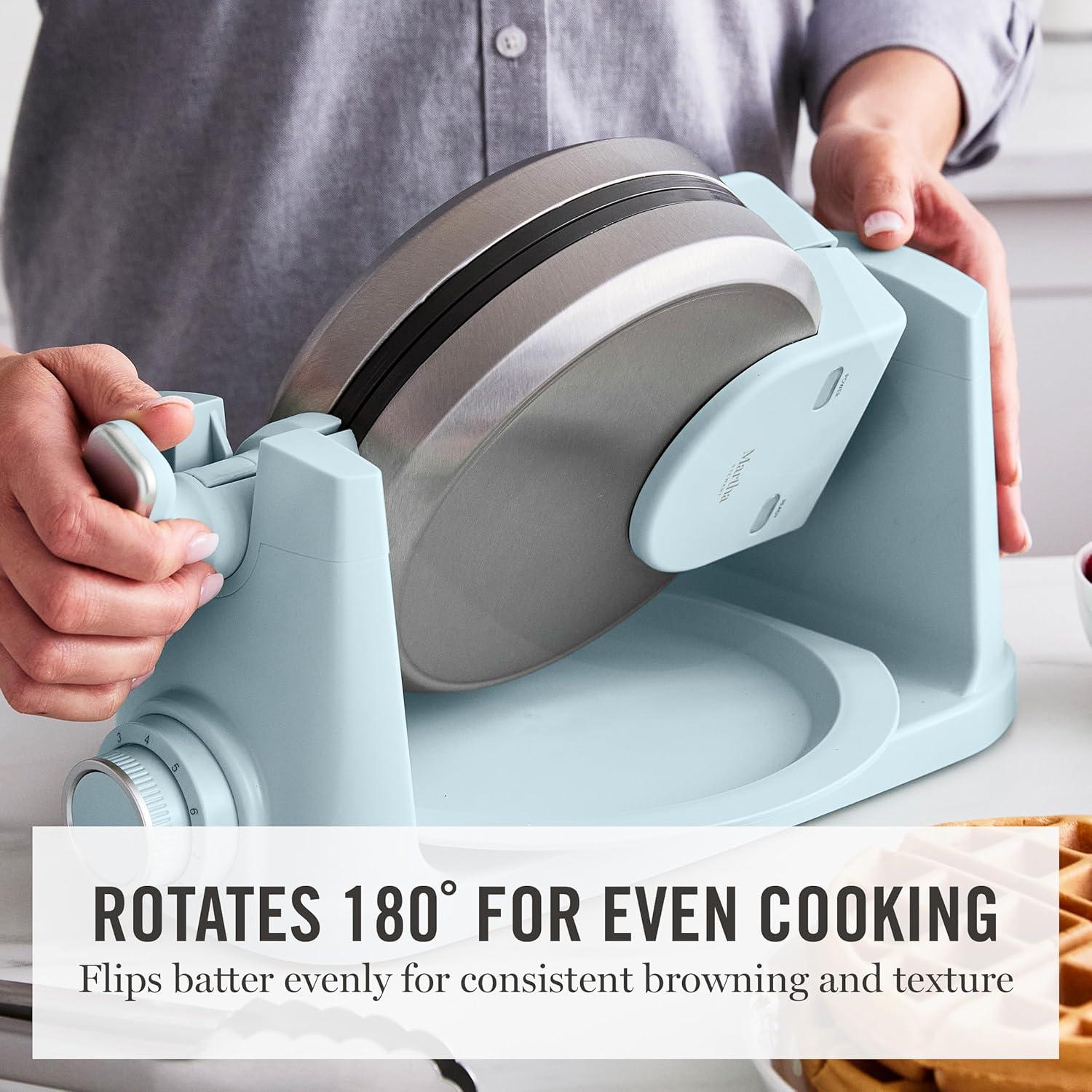 imageMartha Stewart Rotating Waffle Maker 180 Flip Iron with PFASFree Nonstick Plates Adjustable Timer Ready Light Drip Tray Space Saving Classic Round 7 Easy to Clean Stainless Steel LinenSky Blue
