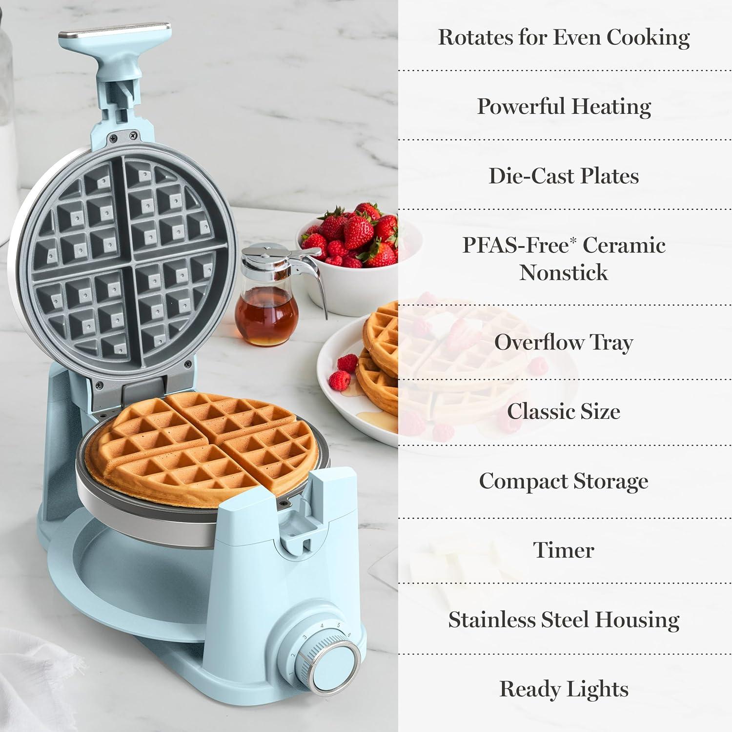 imageMartha Stewart Rotating Waffle Maker 180 Flip Iron with PFASFree Nonstick Plates Adjustable Timer Ready Light Drip Tray Space Saving Classic Round 7 Easy to Clean Stainless Steel LinenSky Blue