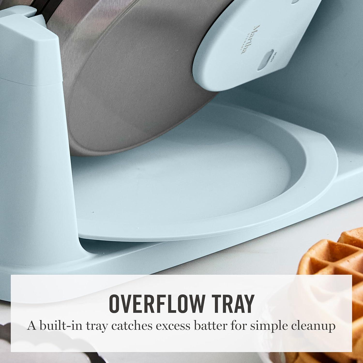 imageMartha Stewart Rotating Waffle Maker 180 Flip Iron with PFASFree Nonstick Plates Adjustable Timer Ready Light Drip Tray Space Saving Classic Round 7 Easy to Clean Stainless Steel LinenSky Blue