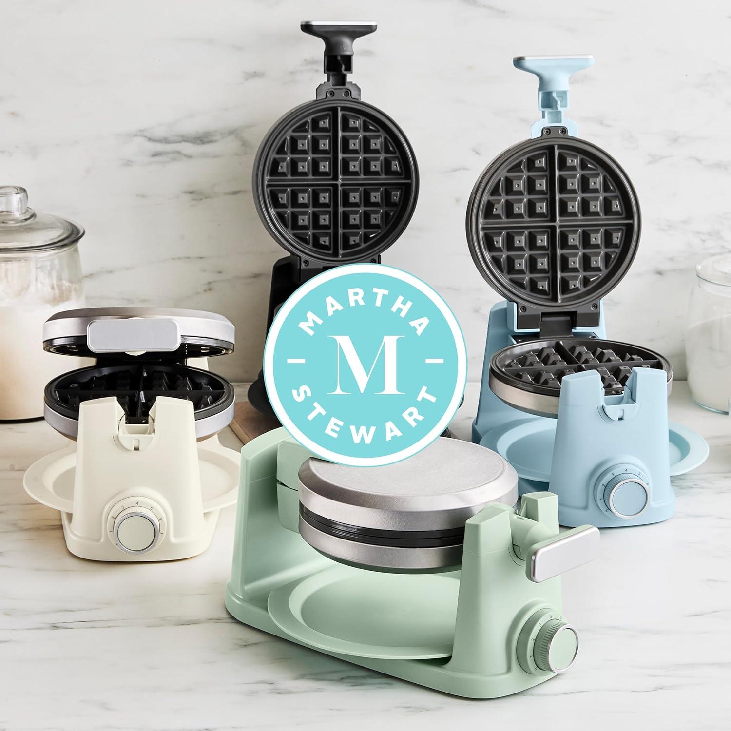 imageMartha Stewart Rotating Waffle Maker 180 Flip Iron with PFASFree Nonstick Plates Adjustable Timer Ready Light Drip Tray Space Saving Classic Round 7 Easy to Clean Stainless Steel LinenSky Blue
