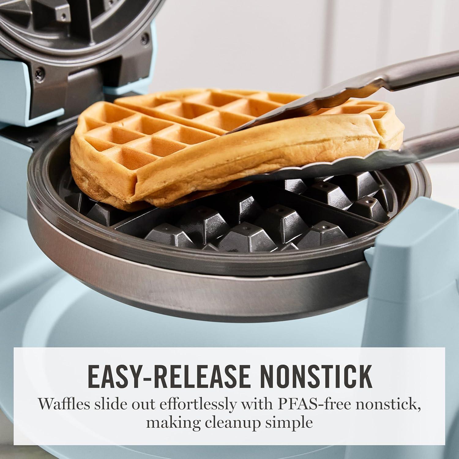 imageMartha Stewart Rotating Waffle Maker 180 Flip Iron with PFASFree Nonstick Plates Adjustable Timer Ready Light Drip Tray Space Saving Classic Round 7 Easy to Clean Stainless Steel LinenSky Blue