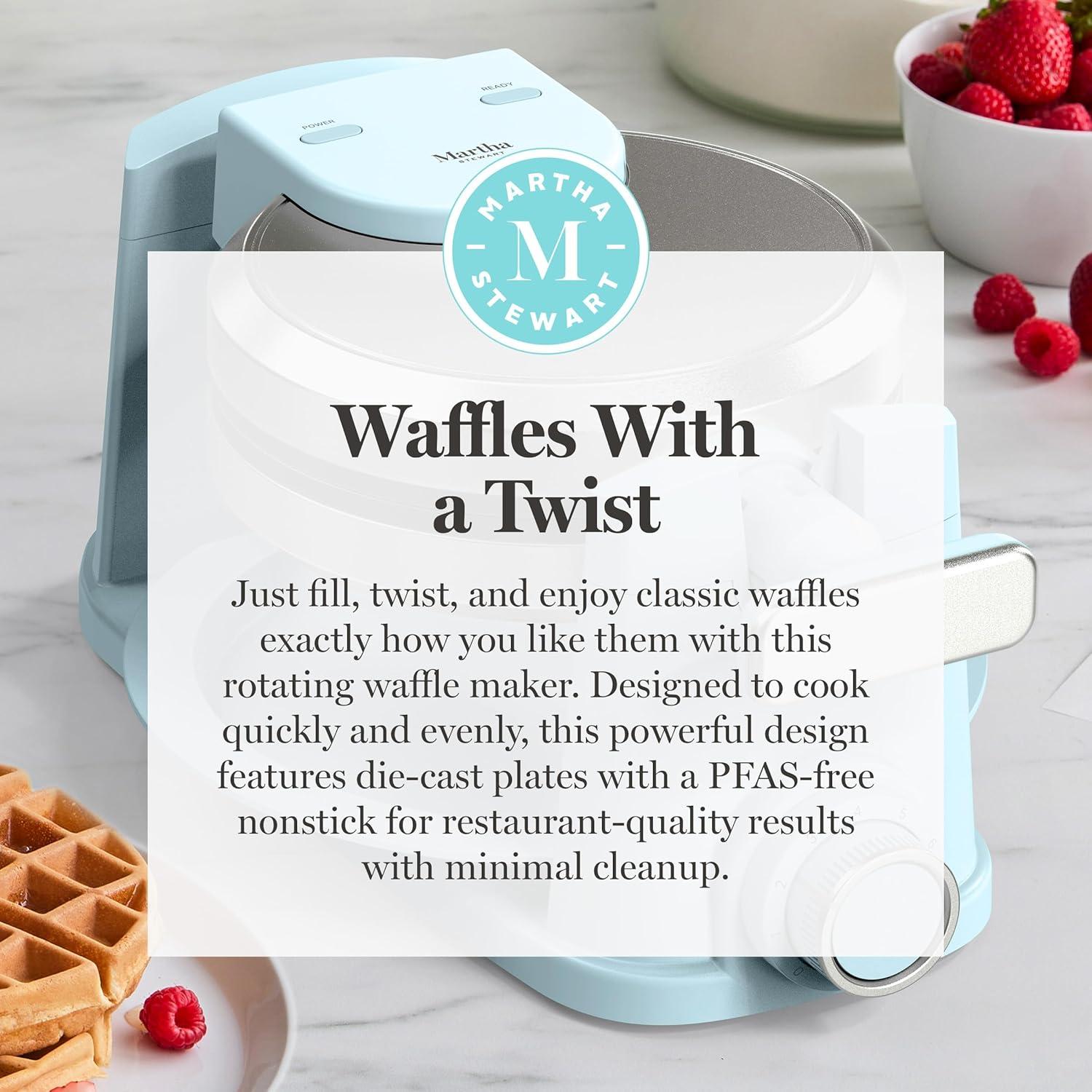 imageMartha Stewart Rotating Waffle Maker 180 Flip Iron with PFASFree Nonstick Plates Adjustable Timer Ready Light Drip Tray Space Saving Classic Round 7 Easy to Clean Stainless Steel LinenSky Blue