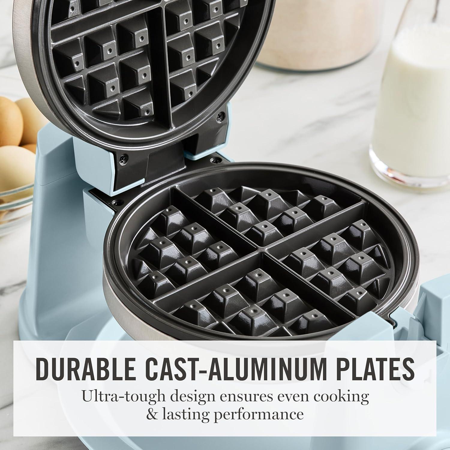 imageMartha Stewart Rotating Waffle Maker 180 Flip Iron with PFASFree Nonstick Plates Adjustable Timer Ready Light Drip Tray Space Saving Classic Round 7 Easy to Clean Stainless Steel LinenSky Blue