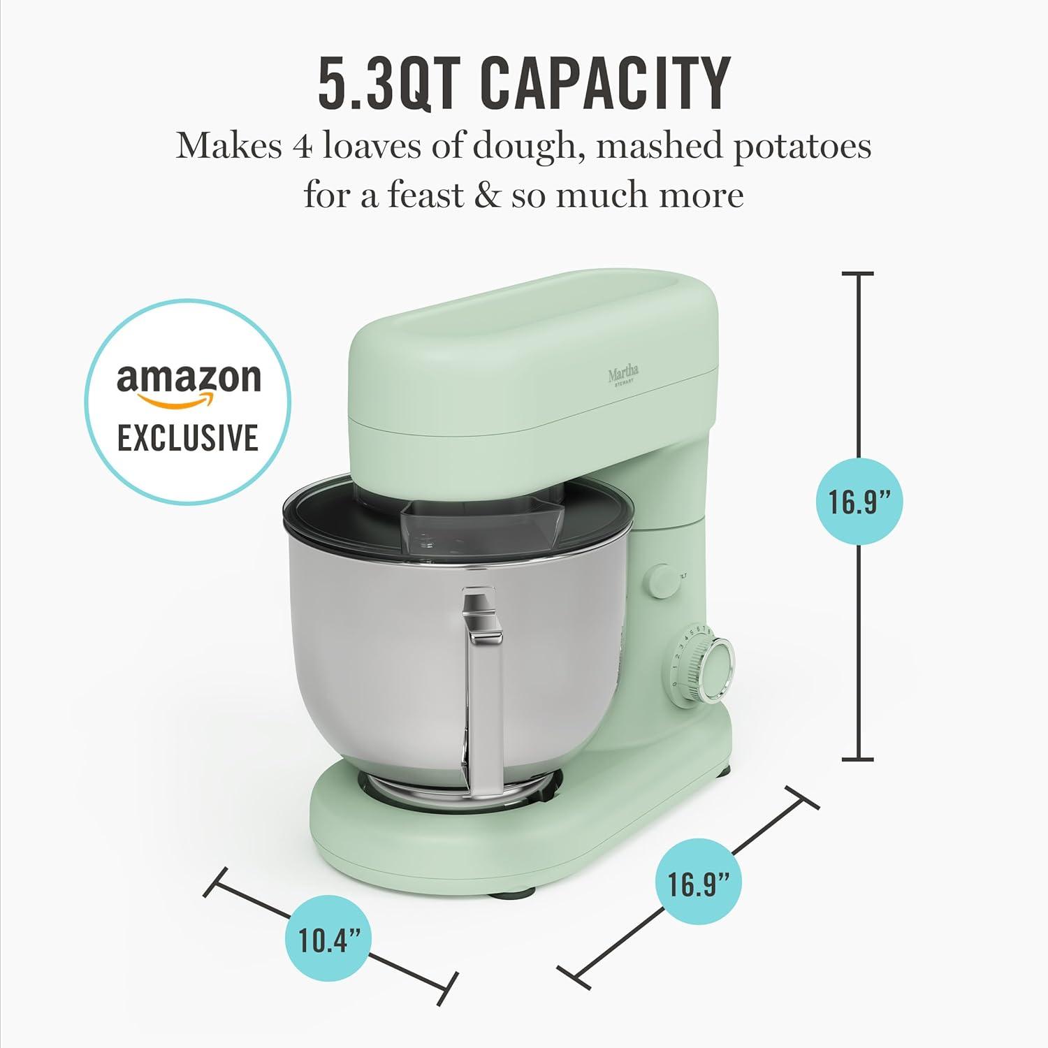 imageMartha Stewart TiltHead Stand Mixer12 Speed 53QT Stainless Steel Bowl Splash Guard with Pour Chute Whisk Dough Hook Flat BeaterElectric Kitchen Baking Mixer Bread Cake Whip Linen WhiteHoneydew Green