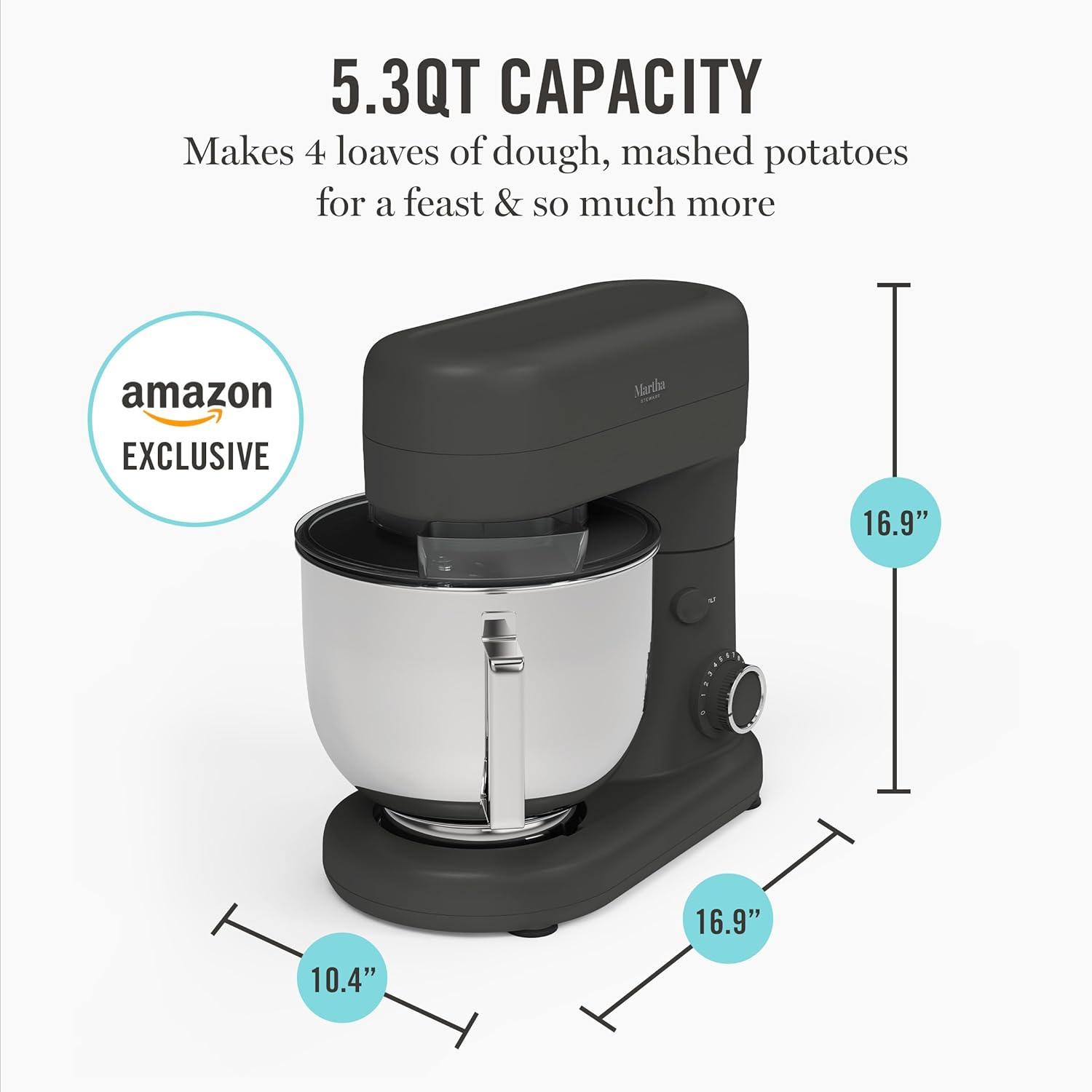 imageMartha Stewart TiltHead Stand Mixer12 Speed 53QT Stainless Steel Bowl Splash Guard with Pour Chute Whisk Dough Hook Flat BeaterElectric Kitchen Baking Mixer Bread Cake Whip Linen WhiteCaviar Gray