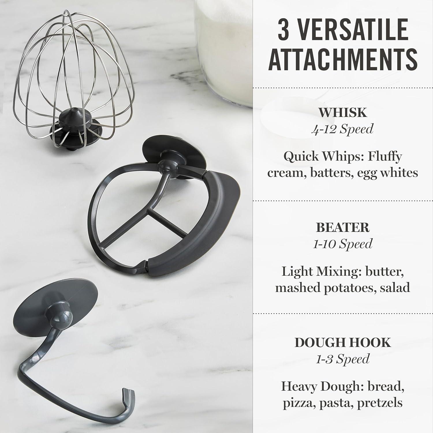 imageMartha Stewart TiltHead Stand Mixer12 Speed 53QT Stainless Steel Bowl Splash Guard with Pour Chute Whisk Dough Hook Flat BeaterElectric Kitchen Baking Mixer Bread Cake Whip Linen WhiteCaviar Gray