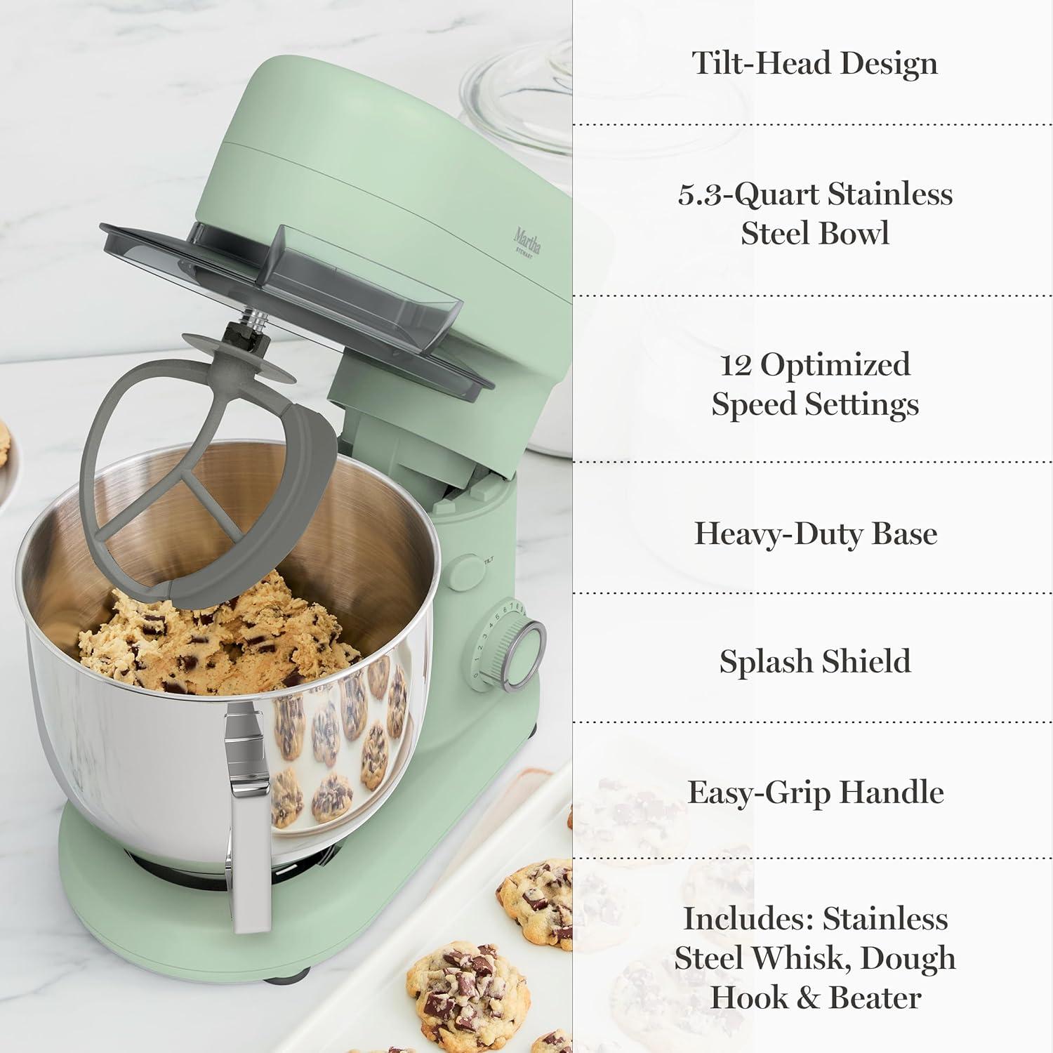 imageMartha Stewart TiltHead Stand Mixer12 Speed 53QT Stainless Steel Bowl Splash Guard with Pour Chute Whisk Dough Hook Flat BeaterElectric Kitchen Baking Mixer Bread Cake Whip Linen WhiteHoneydew Green