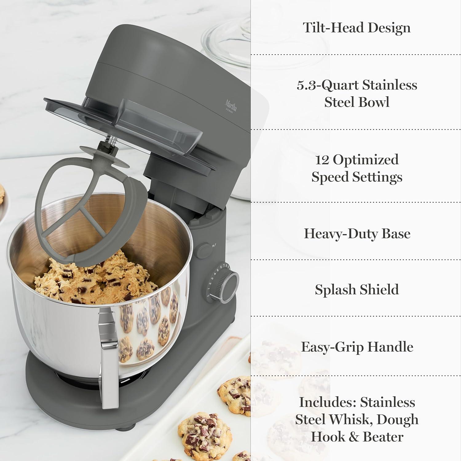imageMartha Stewart TiltHead Stand Mixer12 Speed 53QT Stainless Steel Bowl Splash Guard with Pour Chute Whisk Dough Hook Flat BeaterElectric Kitchen Baking Mixer Bread Cake Whip Linen WhiteCaviar Gray