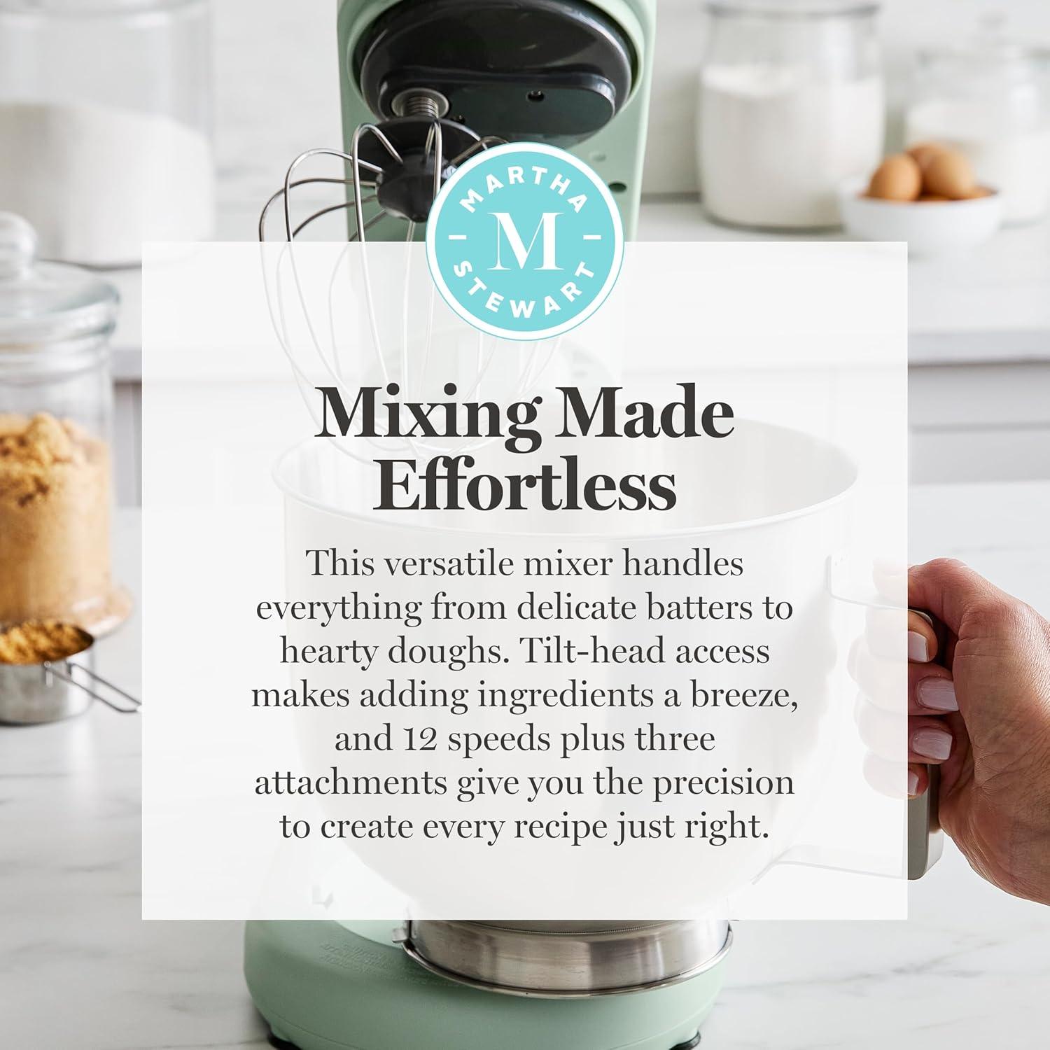 imageMartha Stewart TiltHead Stand Mixer12 Speed 53QT Stainless Steel Bowl Splash Guard with Pour Chute Whisk Dough Hook Flat BeaterElectric Kitchen Baking Mixer Bread Cake Whip Linen WhiteHoneydew Green