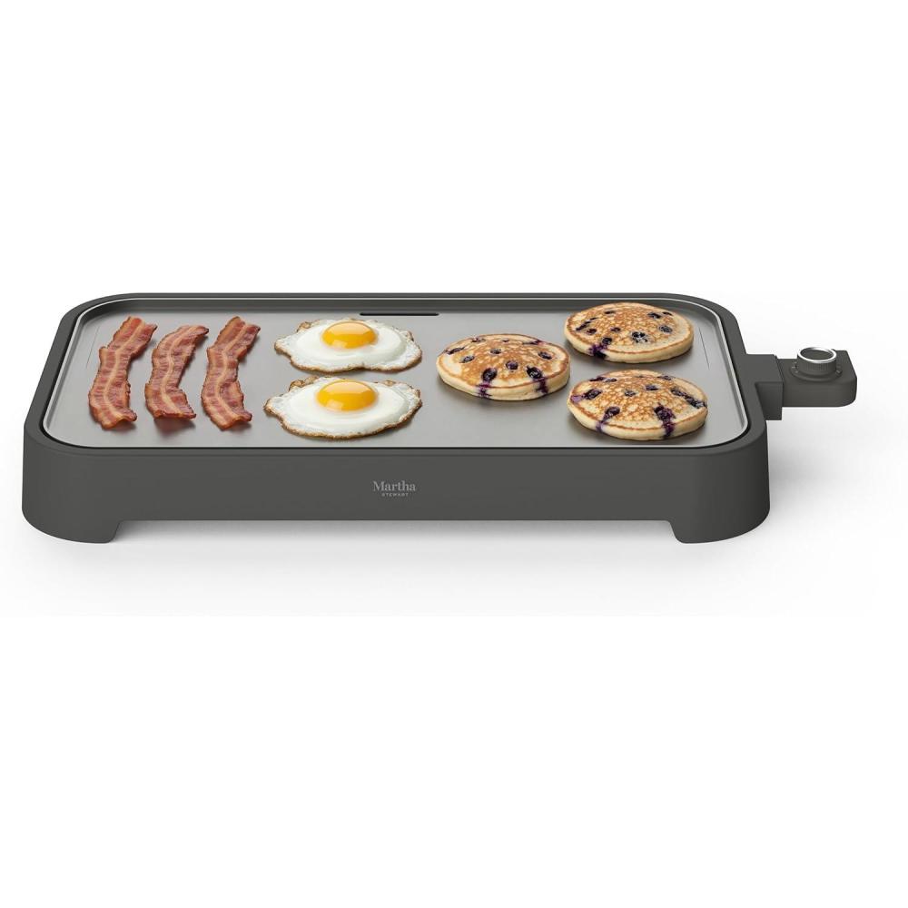 imageMartha Stewart 12 x 22 Electric Griddle XL Ceramic NonstickFlat Top Cooking Surface Adjustable Temperature Dial Drip Tray Dishwasher Safe 1500W Fast Even Heating Pancakes amp Eggs Linen WhiteCaviar Gray