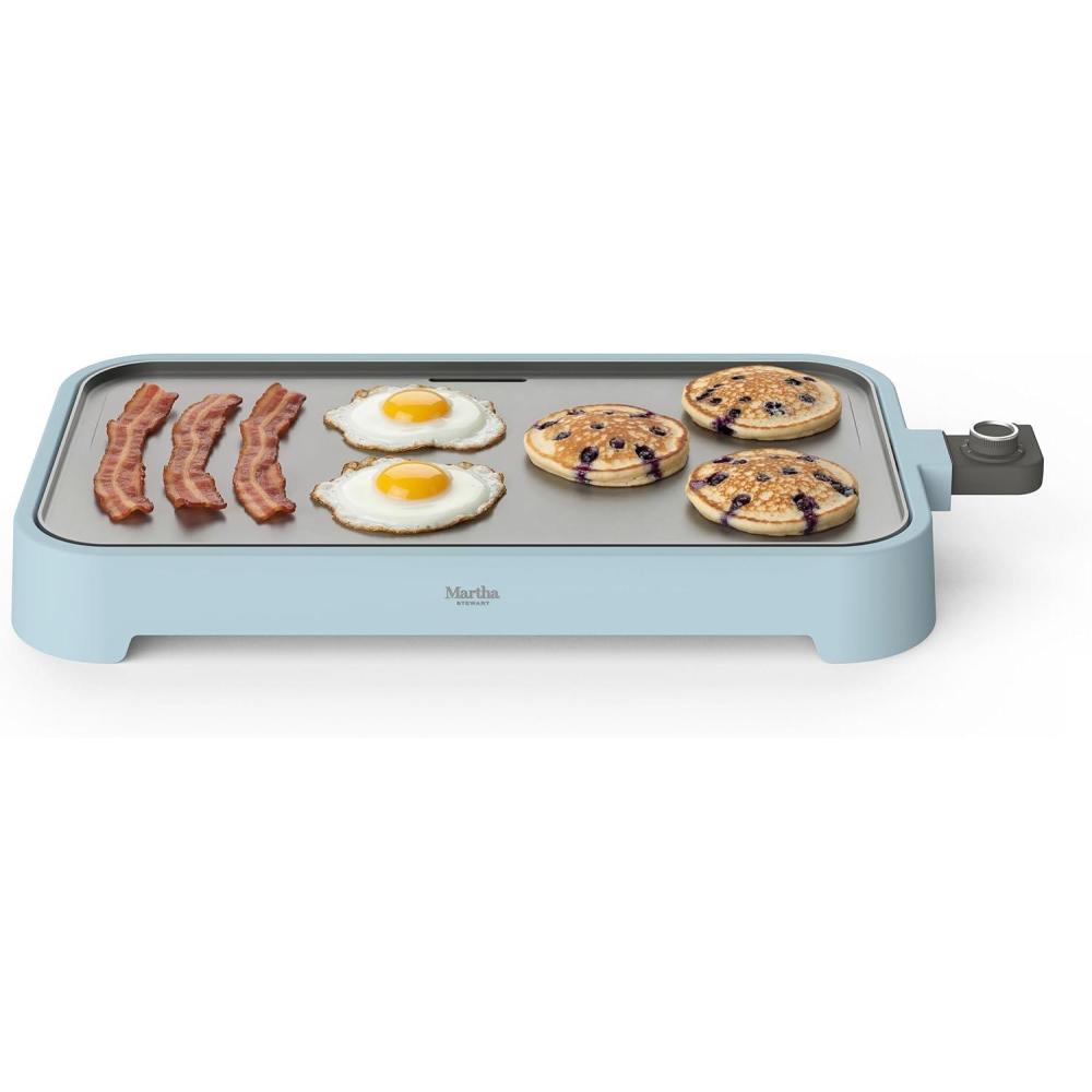 imageMartha Stewart 12 x 22 Electric Griddle XL Ceramic NonstickFlat Top Cooking Surface Adjustable Temperature Dial Drip Tray Dishwasher Safe 1500W Fast Even Heating Pancakes amp Eggs Linen WhiteSky Blue