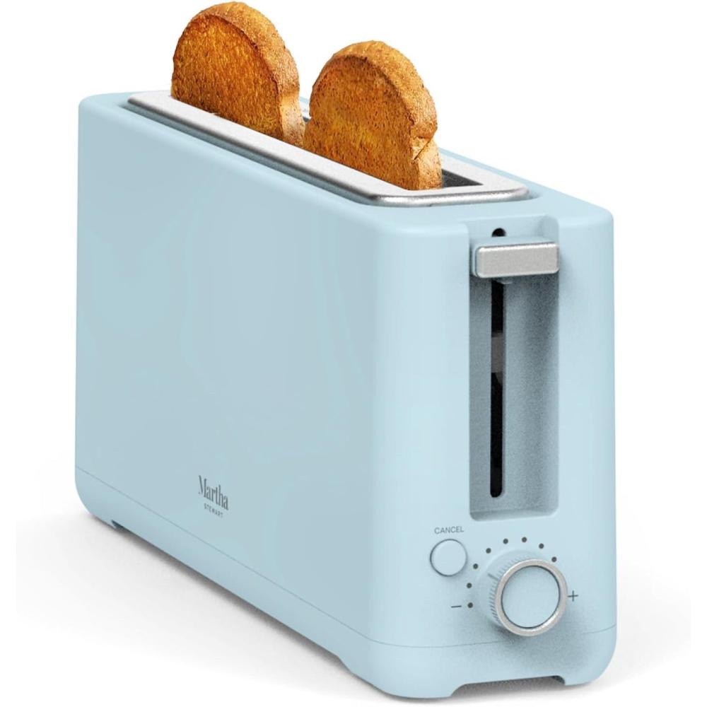imageMartha Stewart 2 Slice Long Slot Toaster Extra Wide for Sourdough amp Bagels 10 Setting Shade Control Removable Crumb Tray SelfCentering Design DefrostReheat Cancel Slim SpaceSaving LinenSky Blue