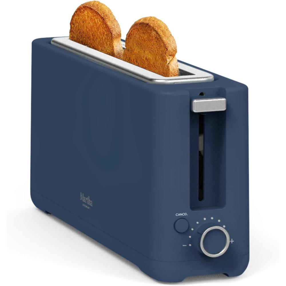 imageMartha Stewart 2 Slice Long Slot Toaster Extra Wide for Sourdough amp Bagels 10 Setting Shade Control Removable Crumb Tray SelfCentering Design DefrostReheat Cancel Slim SpaceSaving LinenIndigo Blue