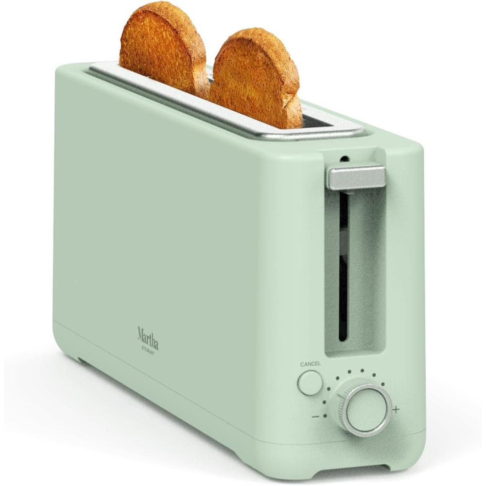 imageMartha Stewart 2 Slice Long Slot Toaster Extra Wide for Sourdough amp Bagels 10 Setting Shade Control Removable Crumb Tray SelfCentering Design DefrostReheat Cancel Slim SpaceSaving LinenHoneydew Green