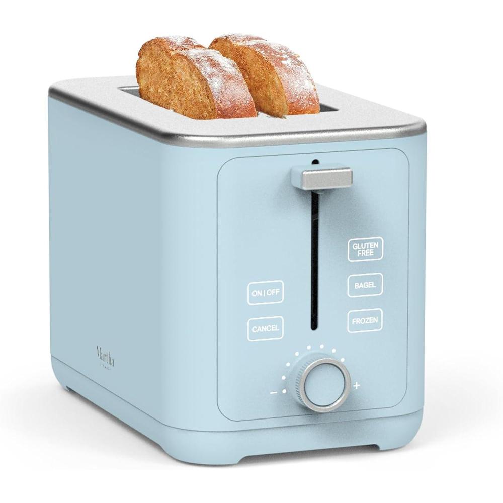imageMartha Stewart 2 Slice Toaster 10 Shade Settings with Defrost Cancel Bagel amp GlutenFree ExtraWide SelfCentering Slots for Waffles amp Artisan Bread Removable Crumb Tray Cord Wrap Linen WhiteSky Blue