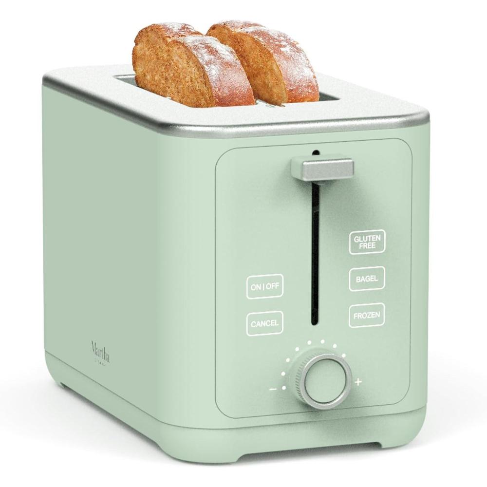imageMartha Stewart 2 Slice Toaster 10 Shade Settings with Defrost Cancel Bagel amp GlutenFree ExtraWide SelfCentering Slots for Waffles amp Artisan Bread Removable Crumb Tray Cord Wrap Linen WhiteHoneydew Green