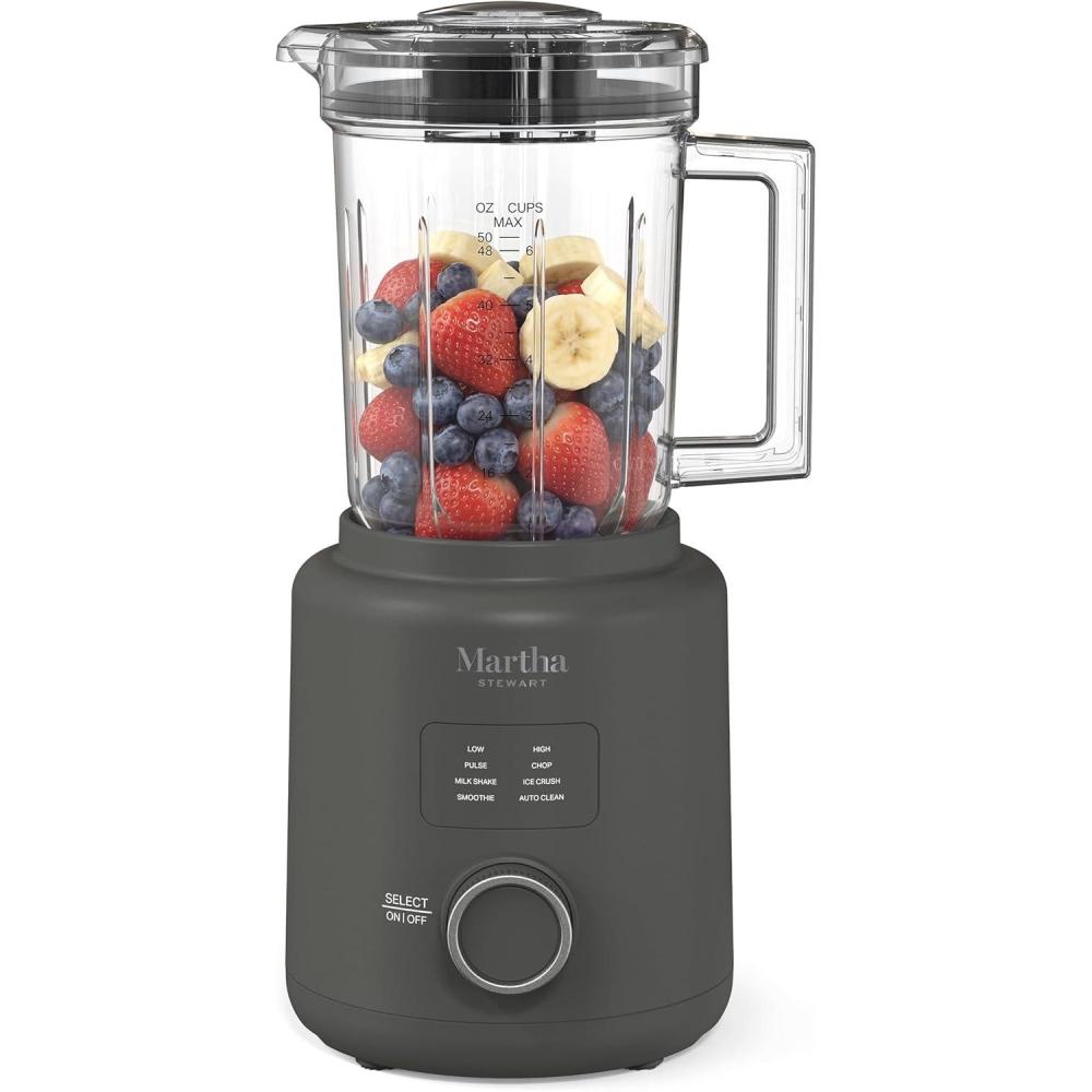 imageMartha Stewart 50oz Countertop Blender Smoothie Margarita amp Ice Crushing Blender BPAFree Pitcher 3 Speeds 5 Presets AutoClean Function Dishwasher Safe Stainless Steel Blades Linen CreamCaviar Gray