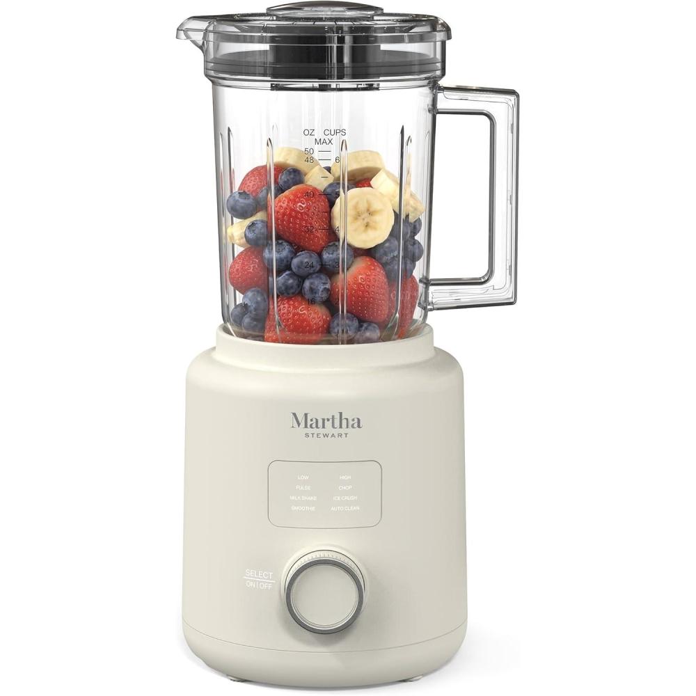 imageMartha Stewart 50oz Countertop Blender Smoothie Margarita amp Ice Crushing Blender BPAFree Pitcher 3 Speeds 5 Presets AutoClean Function Dishwasher Safe Stainless Steel Blades Linen CreamLinen White