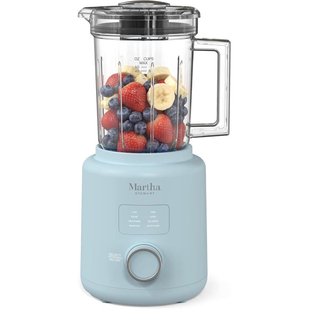 imageMartha Stewart 50oz Countertop Blender Smoothie Margarita amp Ice Crushing Blender BPAFree Pitcher 3 Speeds 5 Presets AutoClean Function Dishwasher Safe Stainless Steel Blades Linen CreamSky Blue