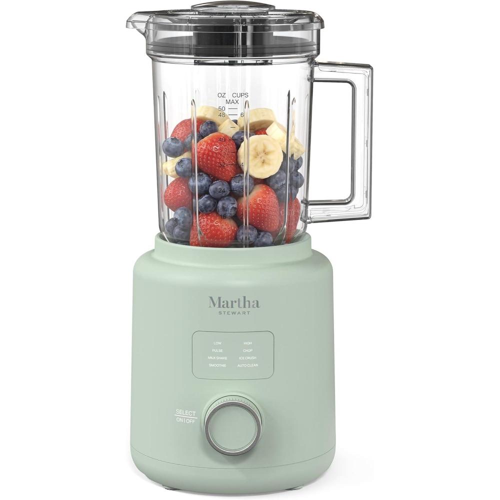 imageMartha Stewart 50oz Countertop Blender Smoothie Margarita amp Ice Crushing Blender BPAFree Pitcher 3 Speeds 5 Presets AutoClean Function Dishwasher Safe Stainless Steel Blades Linen CreamHoneydew Green