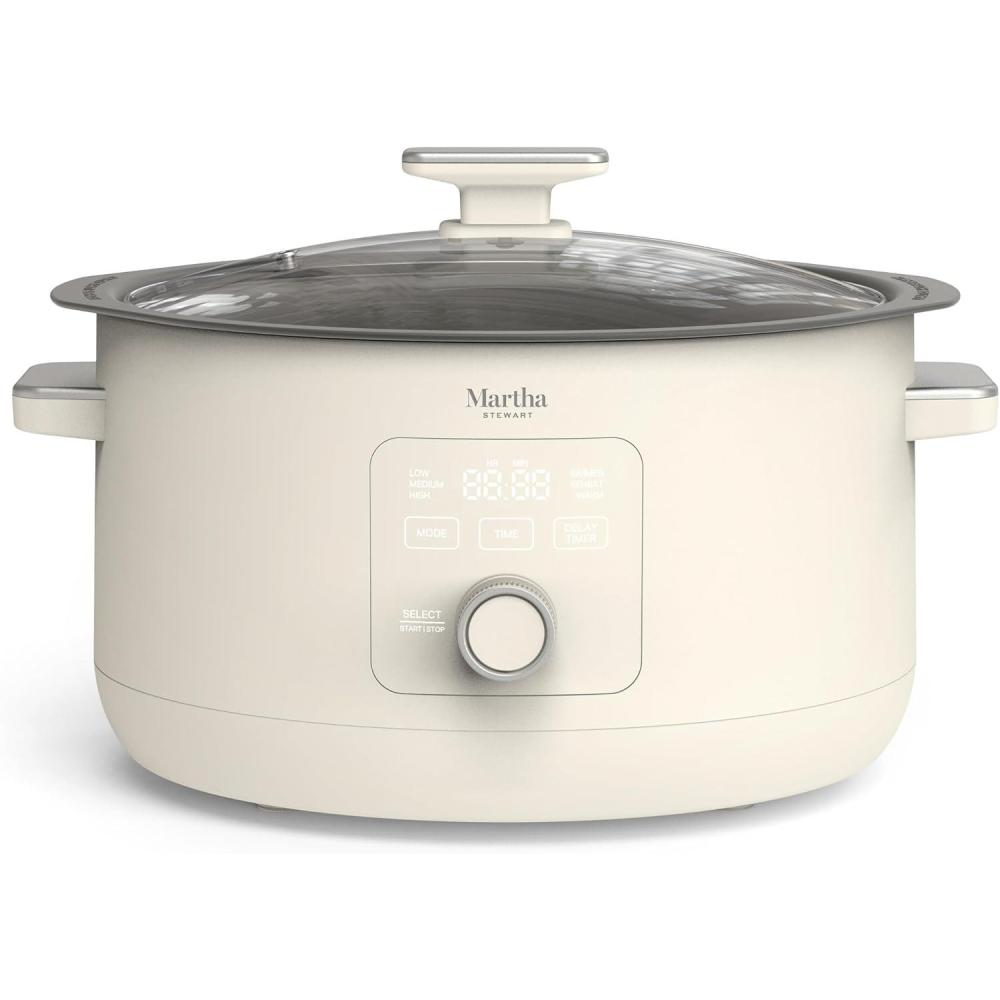 imageMartha Stewart 8 QT Slow Cooker Programmable with Timer 3 Heat Settings Low High Warm Nonstick Ceramic Removable Crock Stovetop amp Oven Safe Glass Lid Simmer Reheat Warm LinenLinen White