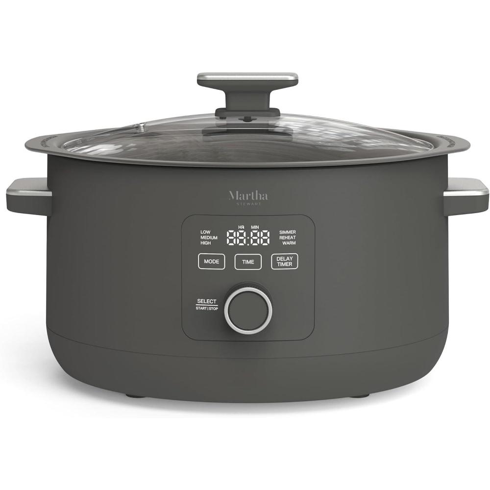 imageMartha Stewart 8 QT Slow Cooker Programmable with Timer 3 Heat Settings Low High Warm Nonstick Ceramic Removable Crock Stovetop amp Oven Safe Glass Lid Simmer Reheat Warm LinenCaviar Gray