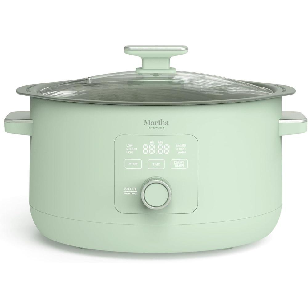 imageMartha Stewart 8 QT Slow Cooker Programmable with Timer 3 Heat Settings Low High Warm Nonstick Ceramic Removable Crock Stovetop amp Oven Safe Glass Lid Simmer Reheat Warm LinenHoneydew Green