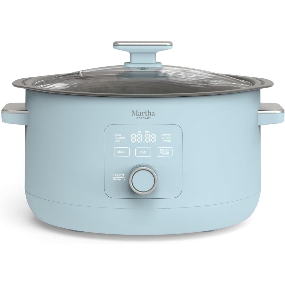 imageMartha Stewart 8 QT Slow Cooker Programmable with Timer 3 Heat Settings Low High Warm Nonstick Ceramic Removable Crock Stovetop amp Oven Safe Glass Lid Simmer Reheat Warm LinenSky Blue
