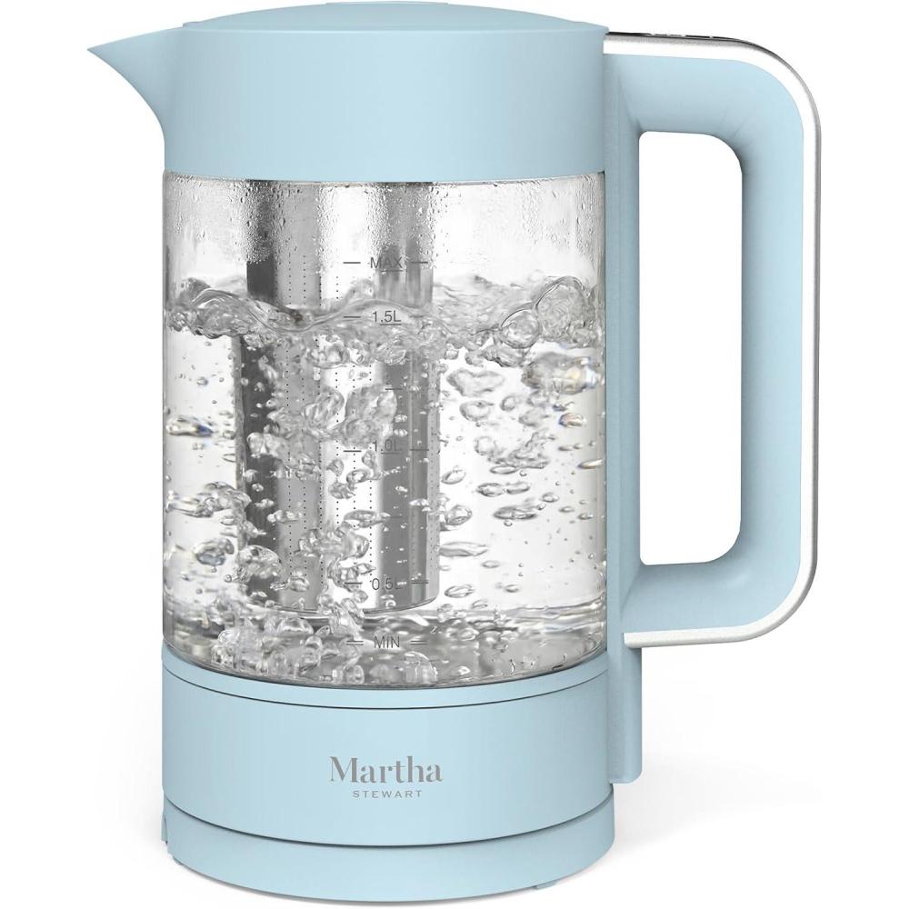 imageMartha Stewart ElectricKettle with Removable Stainless Steel Tea InfuserGlass Carafe17L 7 Cups Hot Water Boiler 4 PresetsKeep Warm amp Auto ShutOff Cordless 360 Swivel Base Linen WhiteSky Blue
