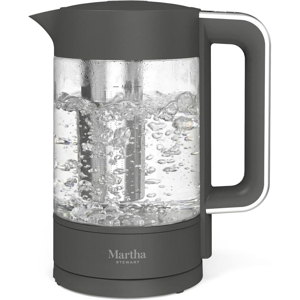 imageMartha Stewart ElectricKettle with Removable Stainless Steel Tea InfuserGlass Carafe17L 7 Cups Hot Water Boiler 4 PresetsKeep Warm amp Auto ShutOff Cordless 360 Swivel Base Linen WhiteCaviar Gray
