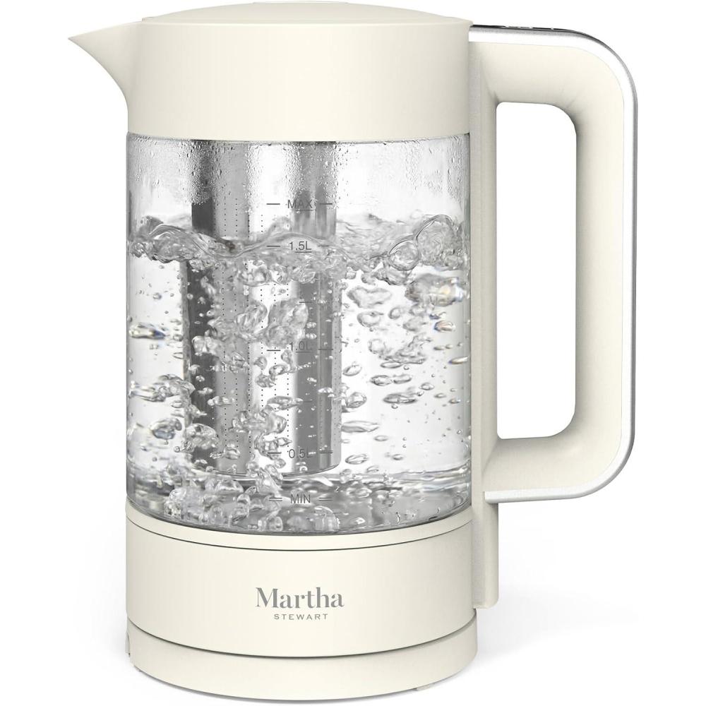imageMartha Stewart ElectricKettle with Removable Stainless Steel Tea InfuserGlass Carafe17L 7 Cups Hot Water Boiler 4 PresetsKeep Warm amp Auto ShutOff Cordless 360 Swivel Base Linen WhiteLinen White