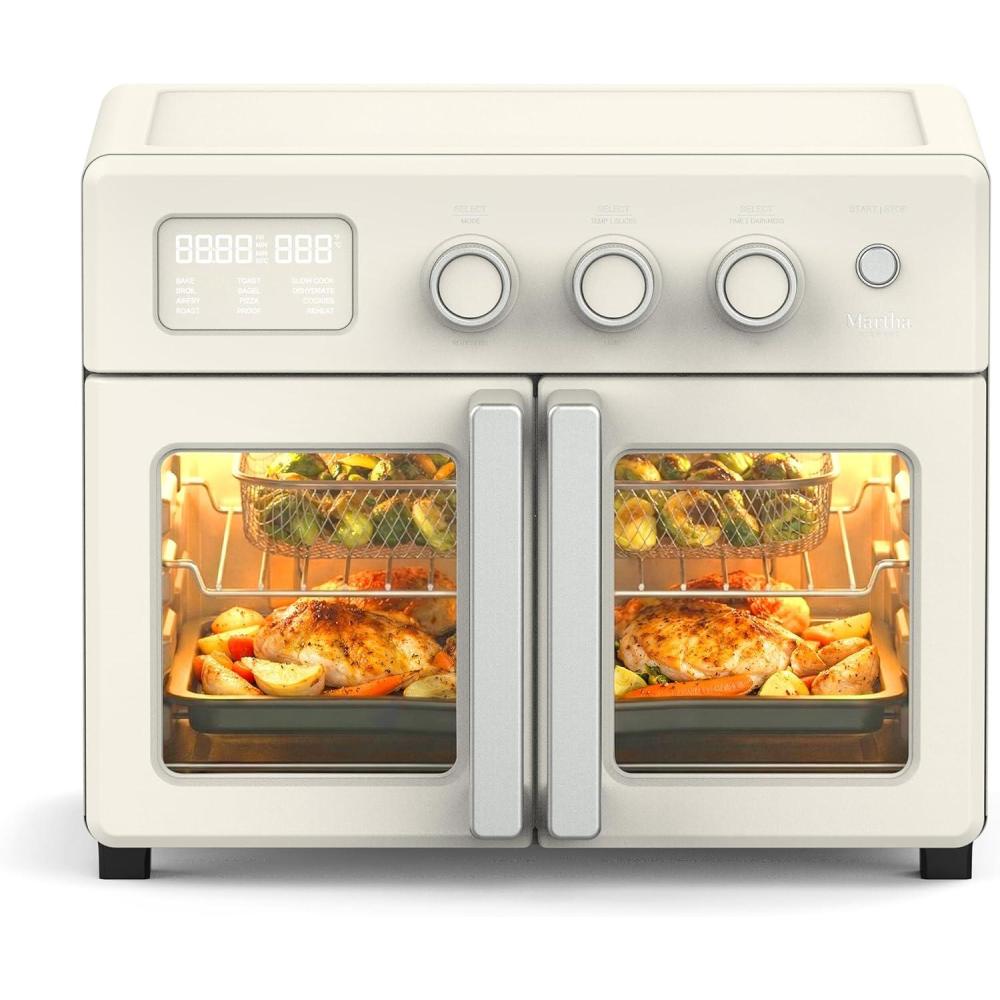 imageMartha Stewart French Door Air Fryer Toaster Oven Combo 34QT Countertop Convection 12in1 Bake Broil Roast Fits 12 PizzaDehydrate5 Accessories Air Fry Basket Stainless Steel Linen WhiteLinen White