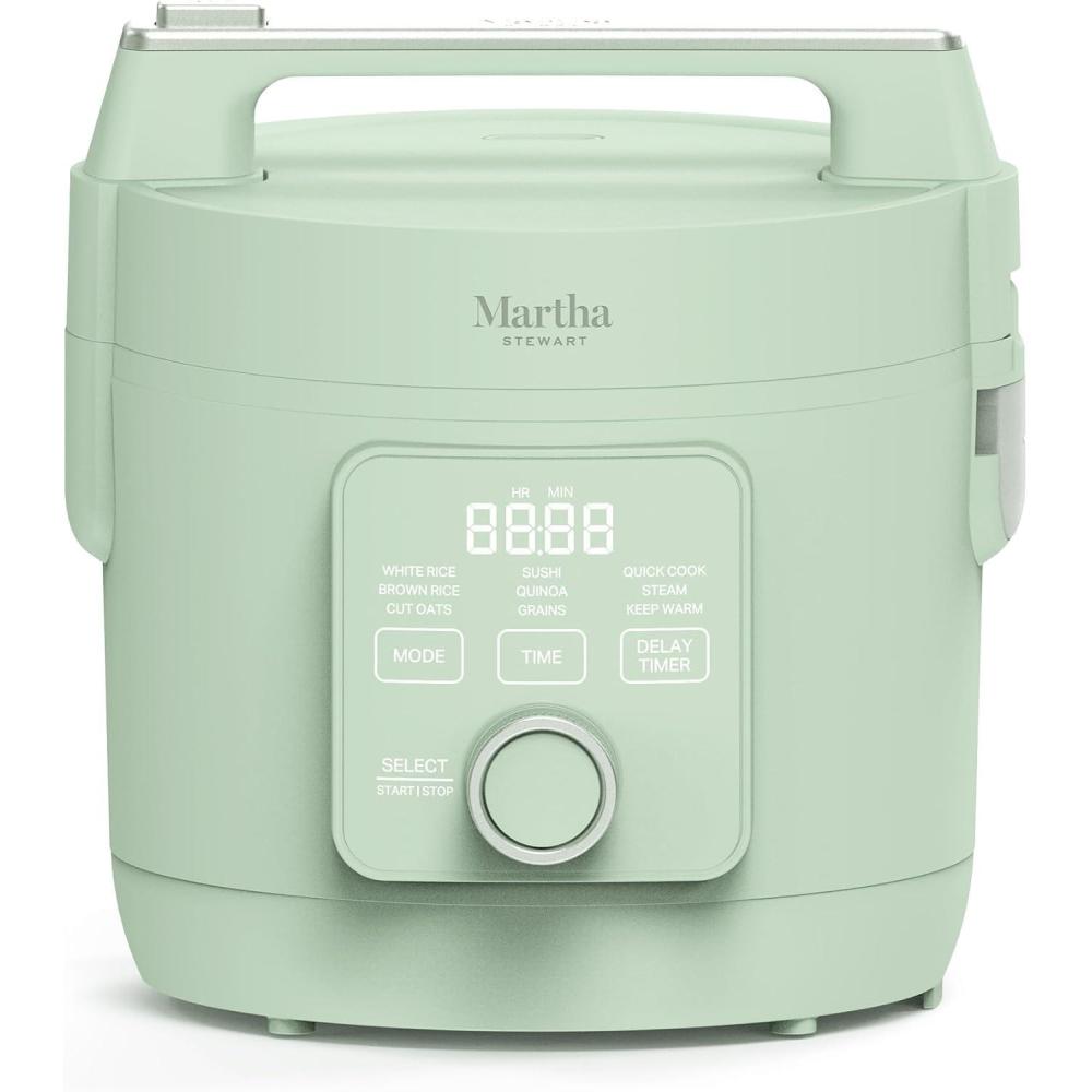 imageMartha Stewart Rice Cooker 4 Cup Uncooked 8 Cup Cooked Ceramic NonStick Removable Pot Keep Warm Measure Markings Steam Basket Brown amp Sushi Rice Quick Cook Quinoa Grains Oats Linen WhiteHoneydew Green