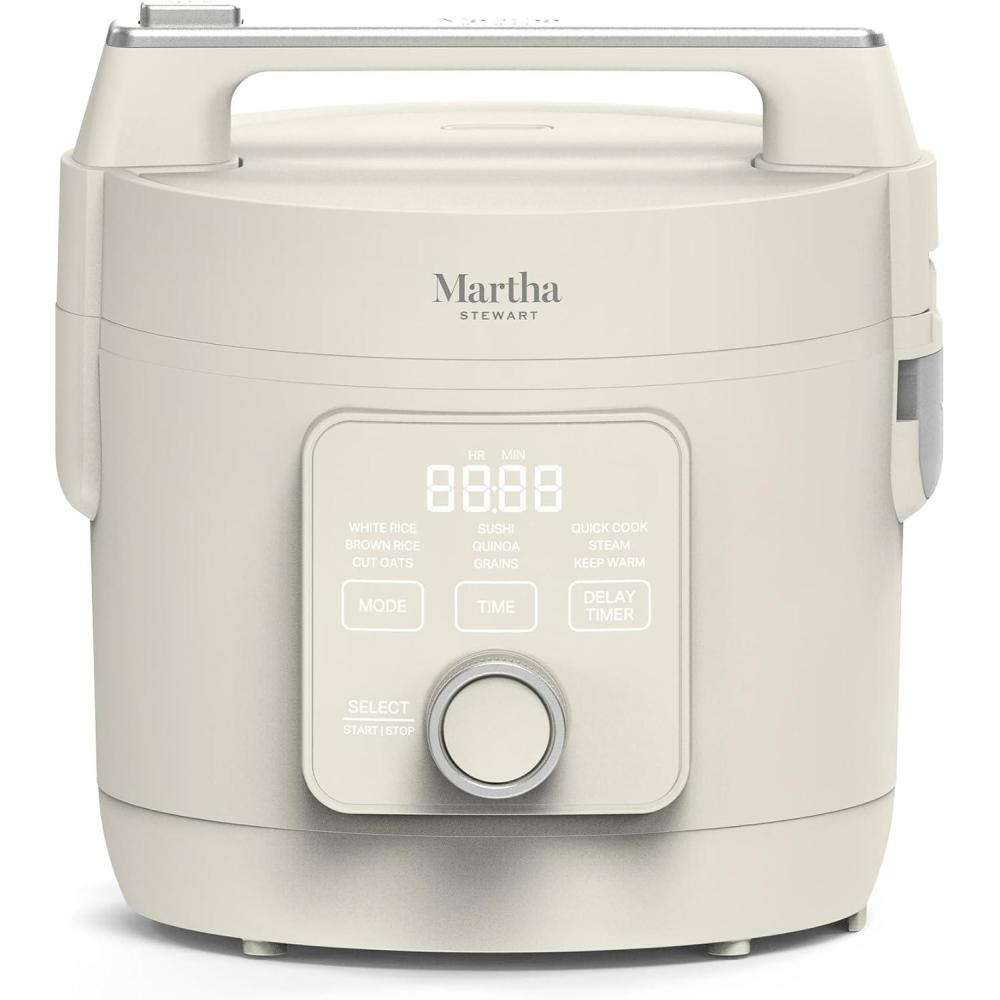 imageMartha Stewart Rice Cooker 4 Cup Uncooked 8 Cup Cooked Ceramic NonStick Removable Pot Keep Warm Measure Markings Steam Basket Brown amp Sushi Rice Quick Cook Quinoa Grains Oats Linen WhiteLinen White