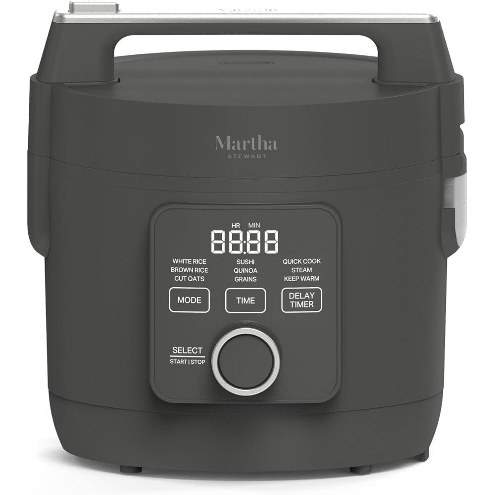 imageMartha Stewart Rice Cooker 4 Cup Uncooked 8 Cup Cooked Ceramic NonStick Removable Pot Keep Warm Measure Markings Steam Basket Brown amp Sushi Rice Quick Cook Quinoa Grains Oats Linen WhiteCaviar Gray