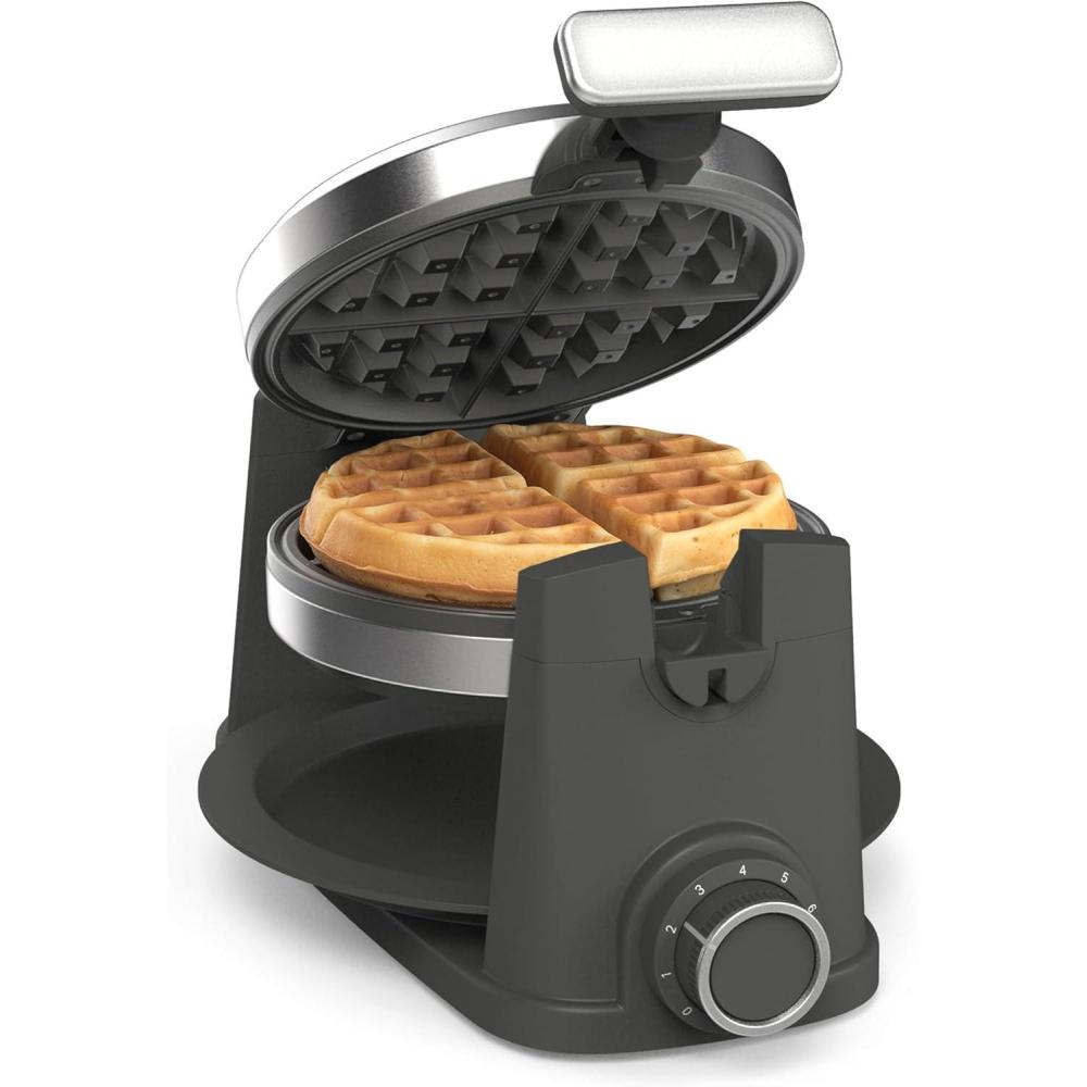 imageMartha Stewart Rotating Waffle Maker 180 Flip Iron with PFASFree Nonstick Plates Adjustable Timer Ready Light Drip Tray Space Saving Classic Round 7 Easy to Clean Stainless Steel LinenCaviar Gray